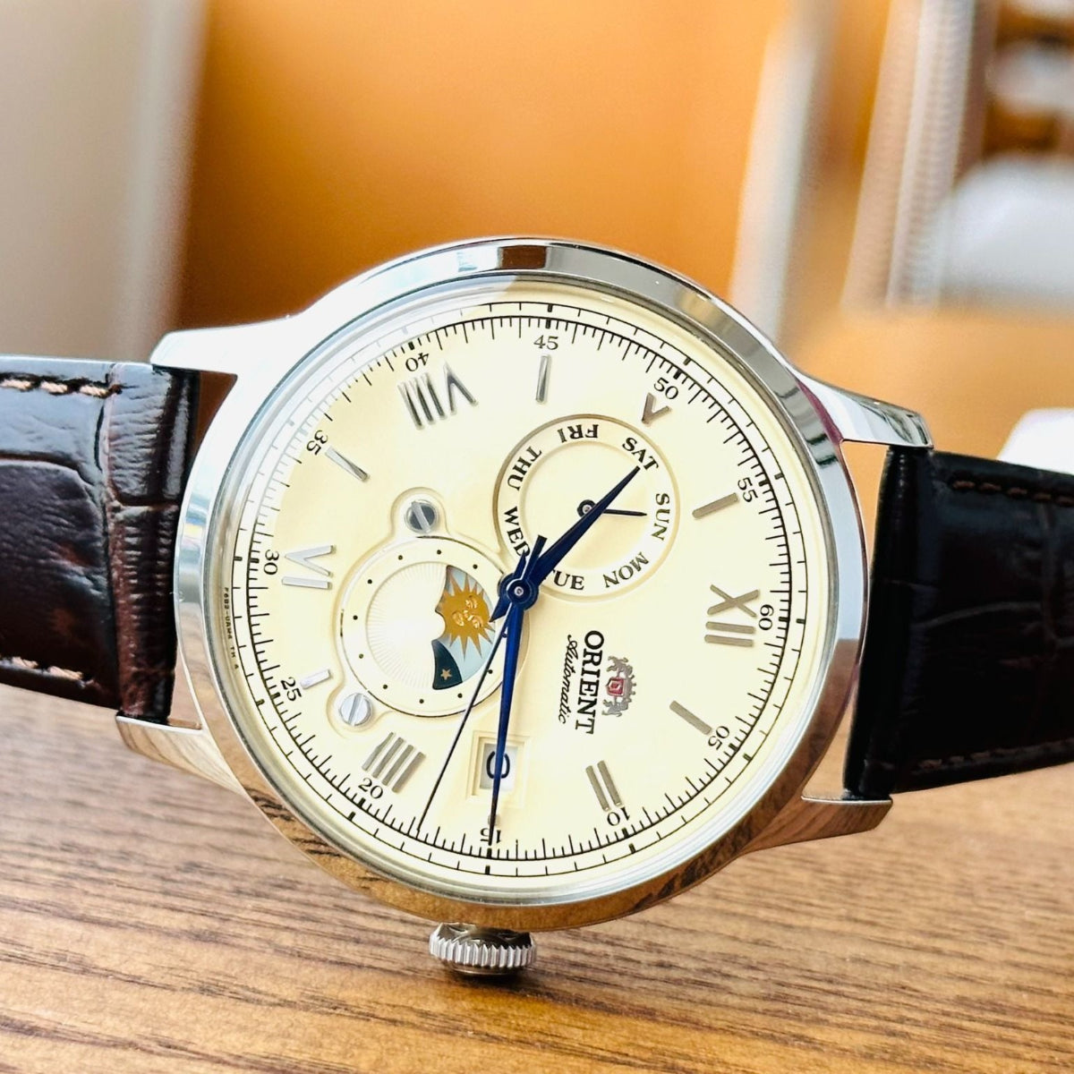 Orient Bambino 41.5mm Sun & Moon Champagne Dial Leather Mens Automatic Watch RA-AK0803Y30B