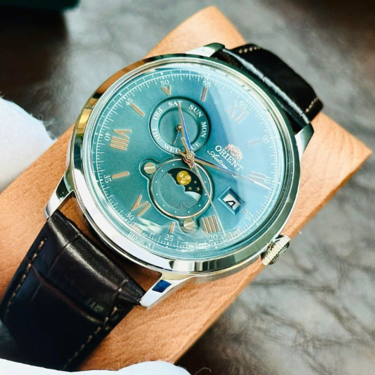 Orient Bambino 41.5mm Sun & Moon Green Dial Leather Mens Automatic Watch RA-AK0805E30B