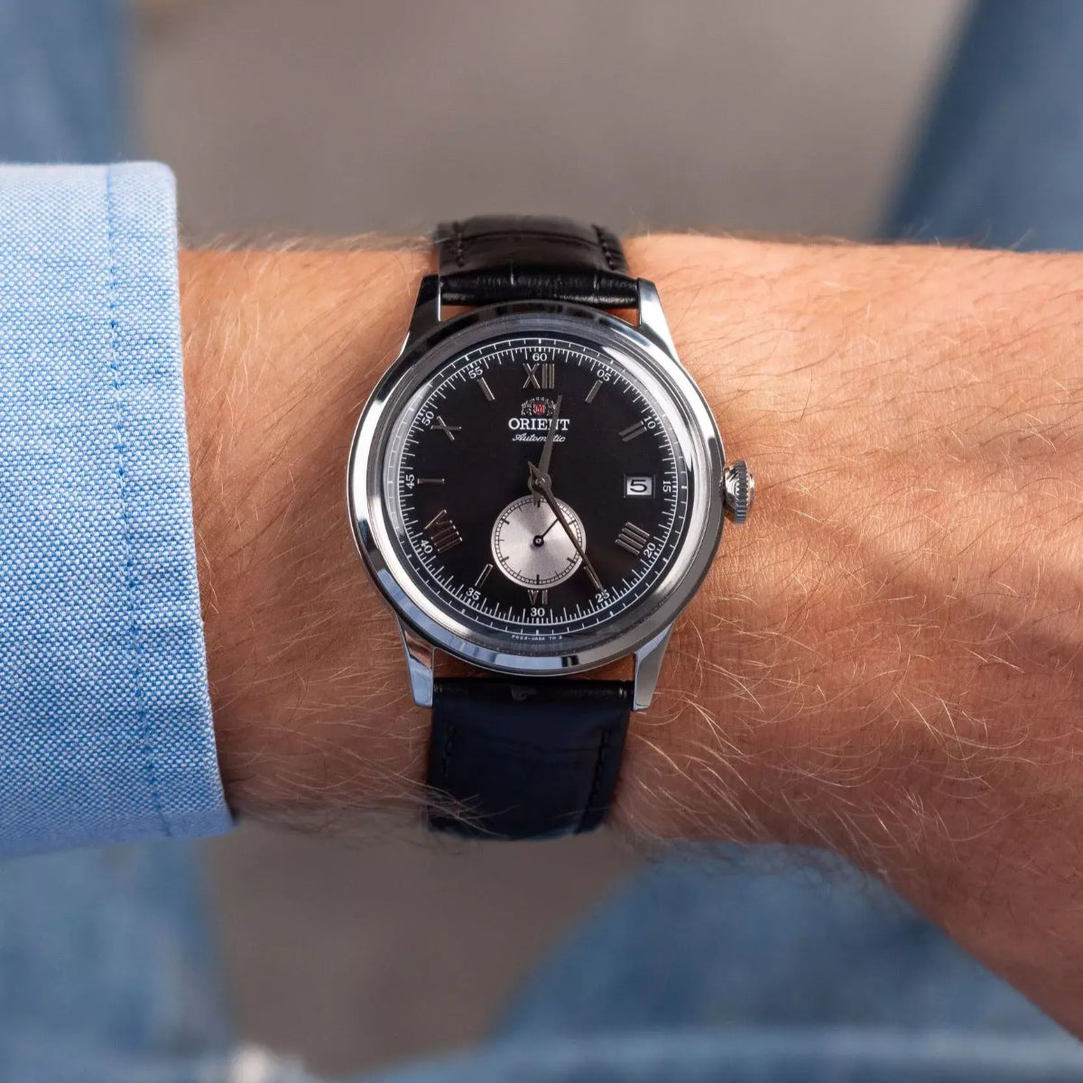 Orient Bambino 38mm Small Seconds Black Dial Leather Automatic Watch RA-AP0101B30B