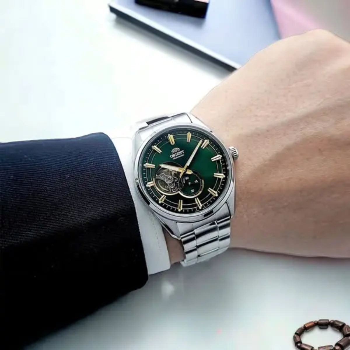 Orient Stretto 41mm Semi Skeleton Green Dial Steel Mens Automatic Watch RA-AR0008E30B