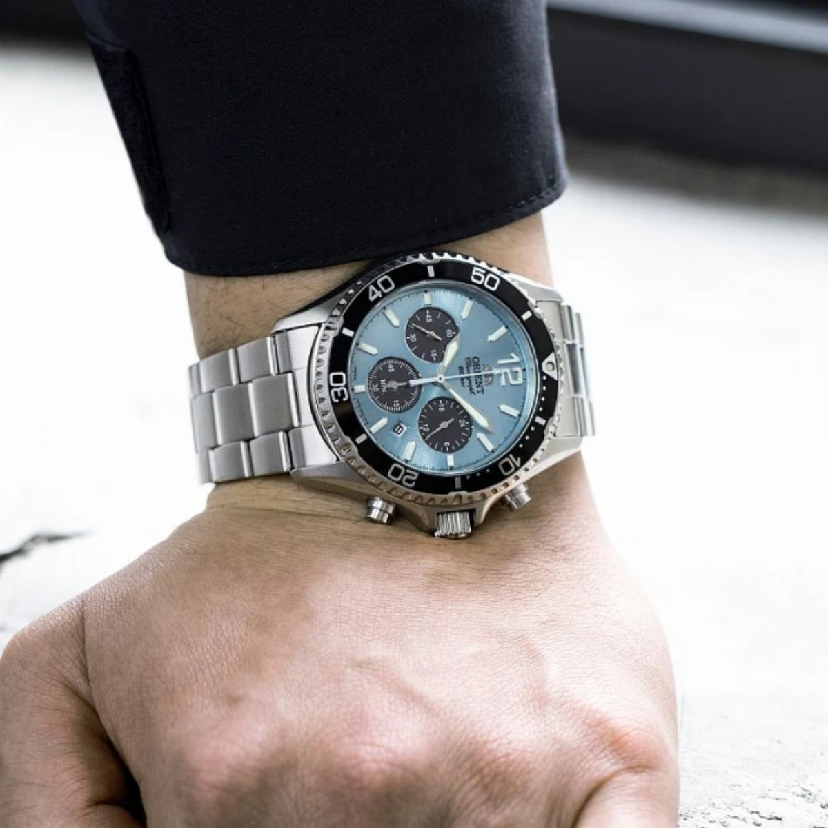 Orient Mako 43mm Chronograph Blue Dial Steel Mens Solar Watch RA-TX0206L10B