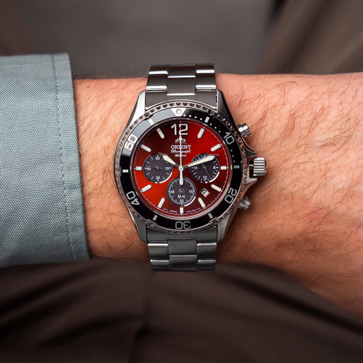 Orient Mako RA-TX0207R10B solar chronograph watch worn on wrist