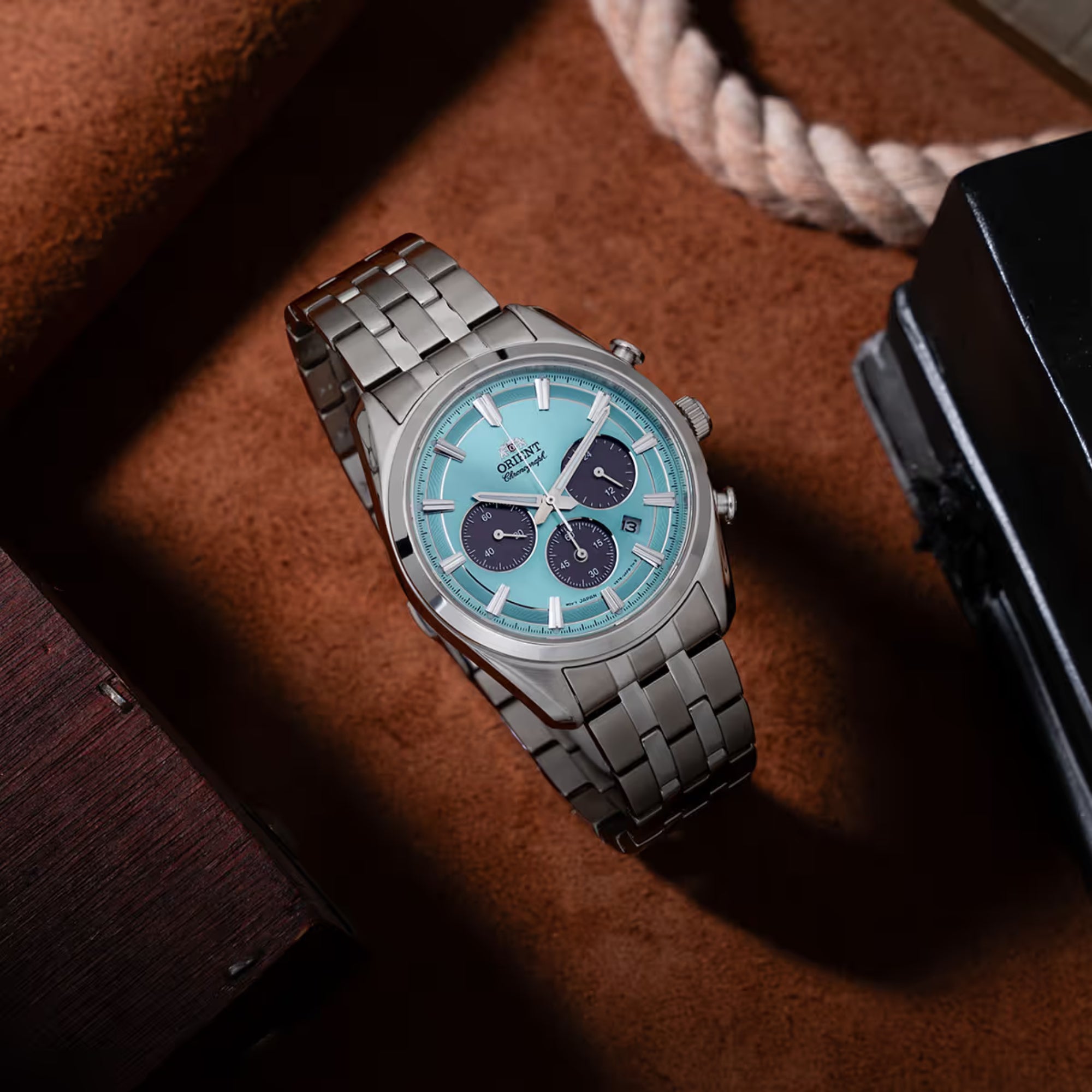 Orient Stretto 40mm Chronograph Blue Dial Steel Mens Solar Watch RA-TX0304L10B