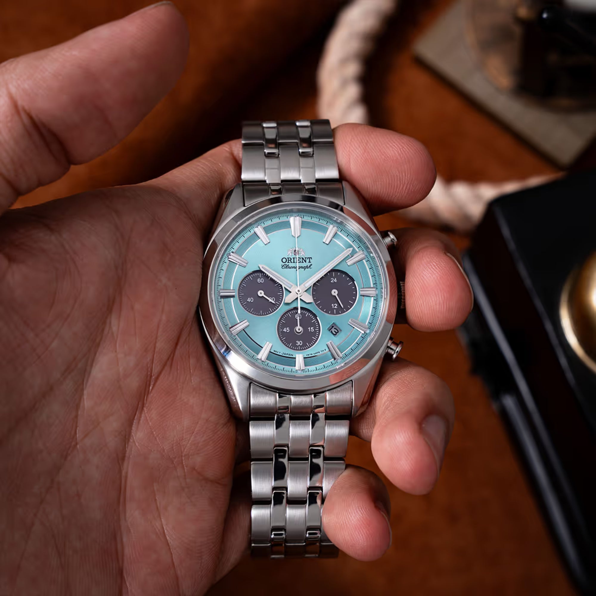 Orient Stretto 40mm Chronograph Blue Dial Steel Mens Solar Watch RA-TX0304L10B