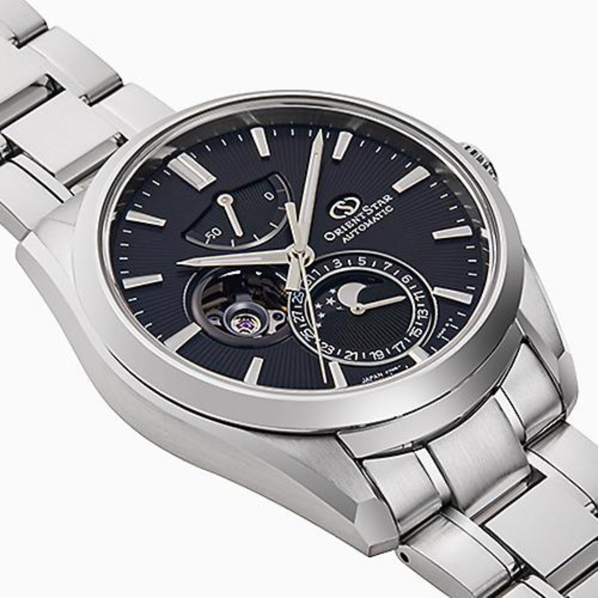 Orient Star Mondphase 41mm halb skelettiertes schwarzes Zifferblatt Stahl Herren Automatik Uhr RE-AY0001B00B