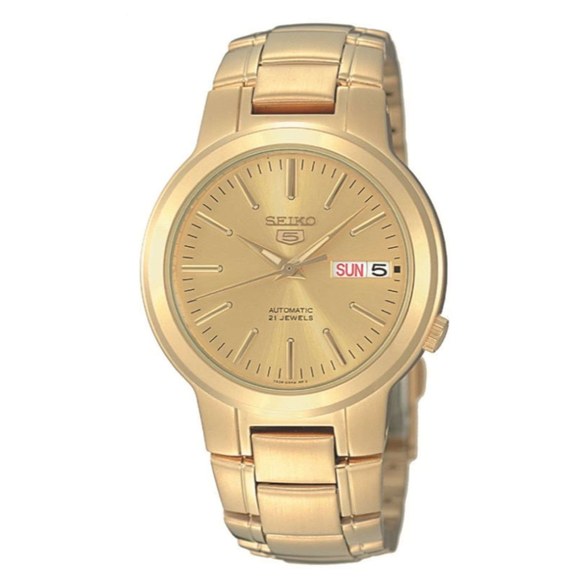 Seiko 5 Automatic watch SNKA10K1 in an all-gold-tone design with a matching gold dial and link bracelet.