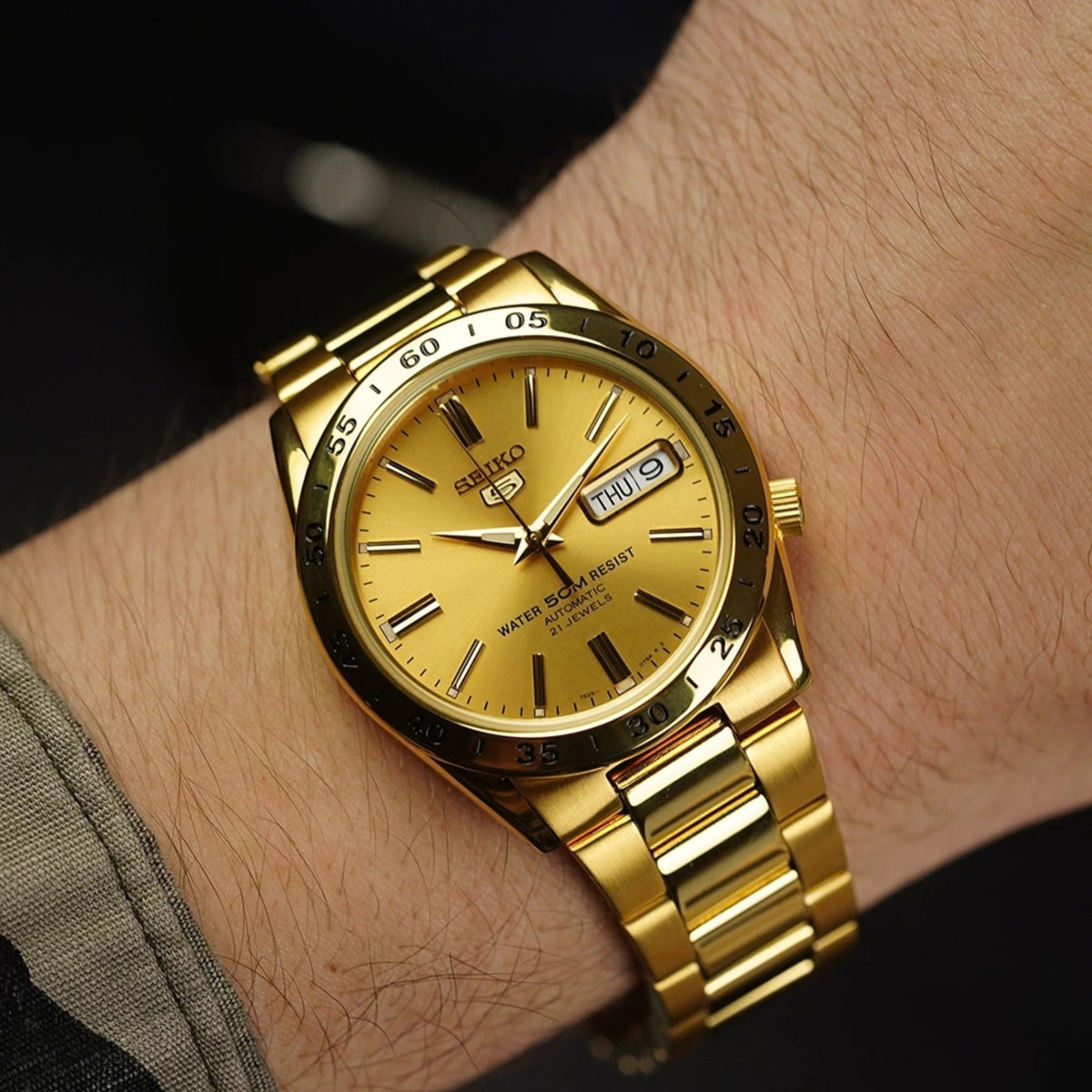 Seiko 5 Classic 37mm Gold Dial Steel Mens Automatic Watch SNKE06K1