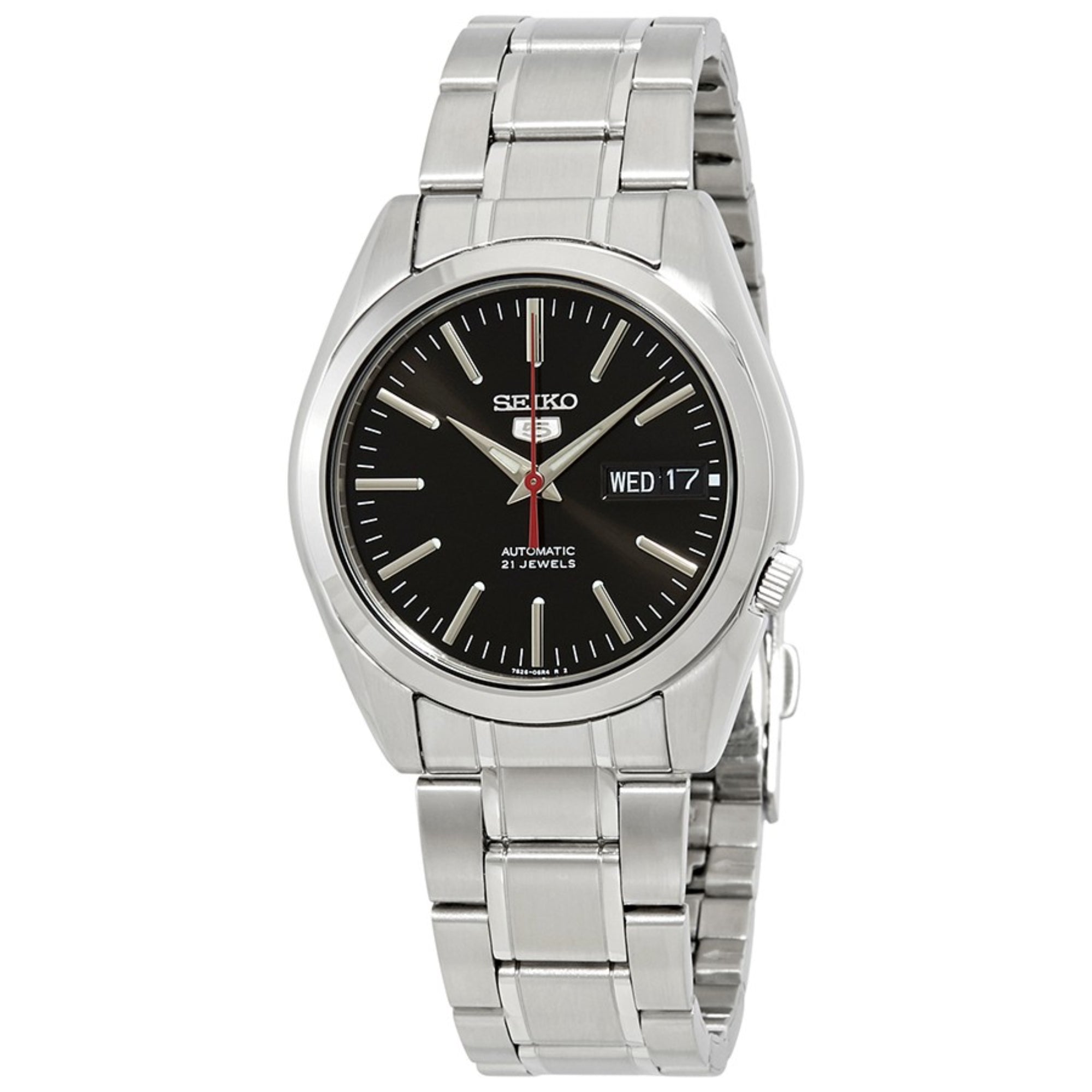 Seiko 5 automatic black dial and steel bracelet men's watch SNKL45K1 front view