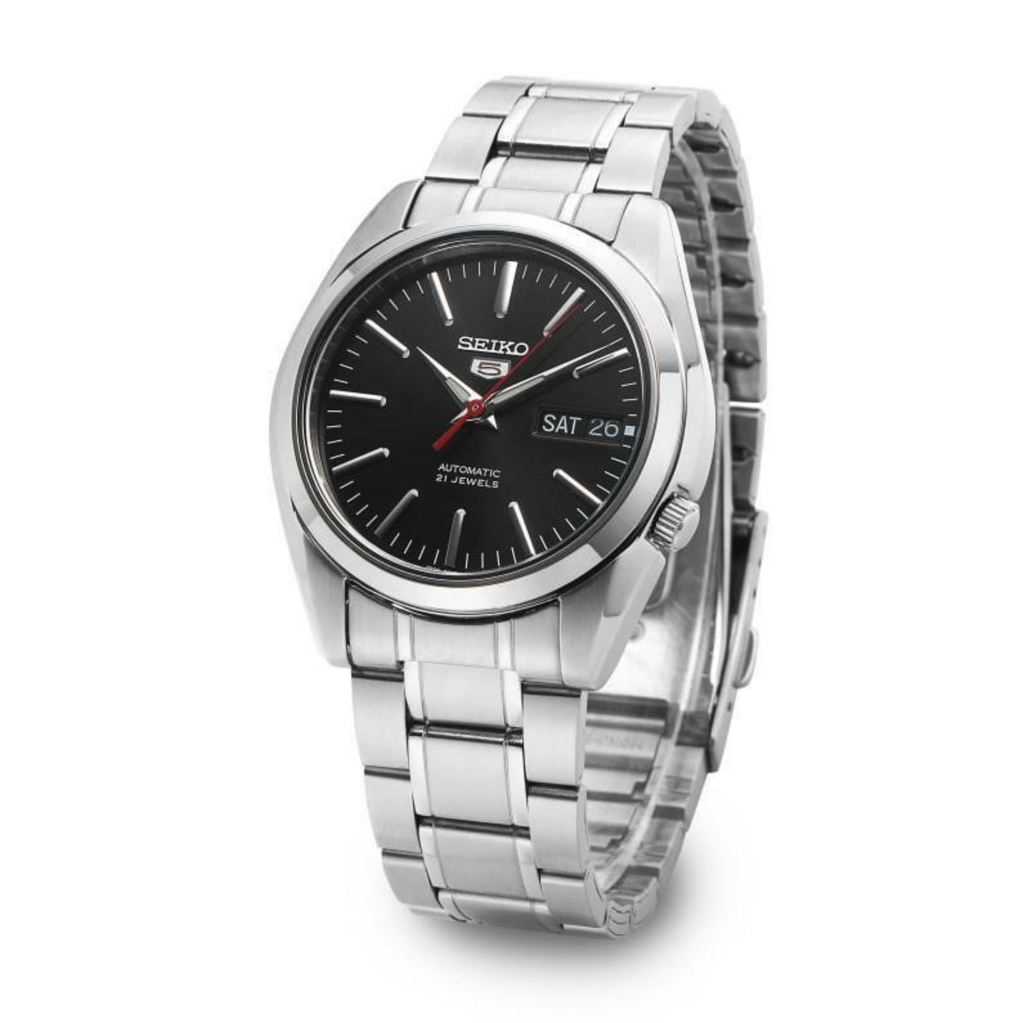 Seiko 5 automatic black dial and steel bracelet watch on white background