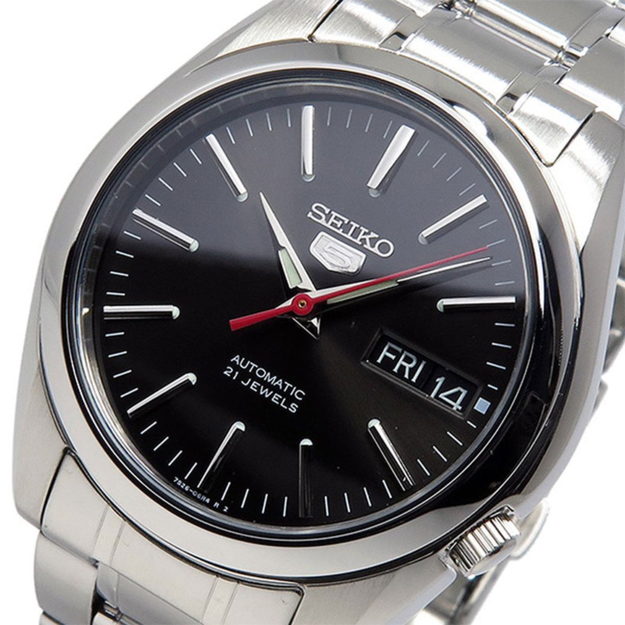 Seiko 5 SNKL45K1 38mm black dial close-up