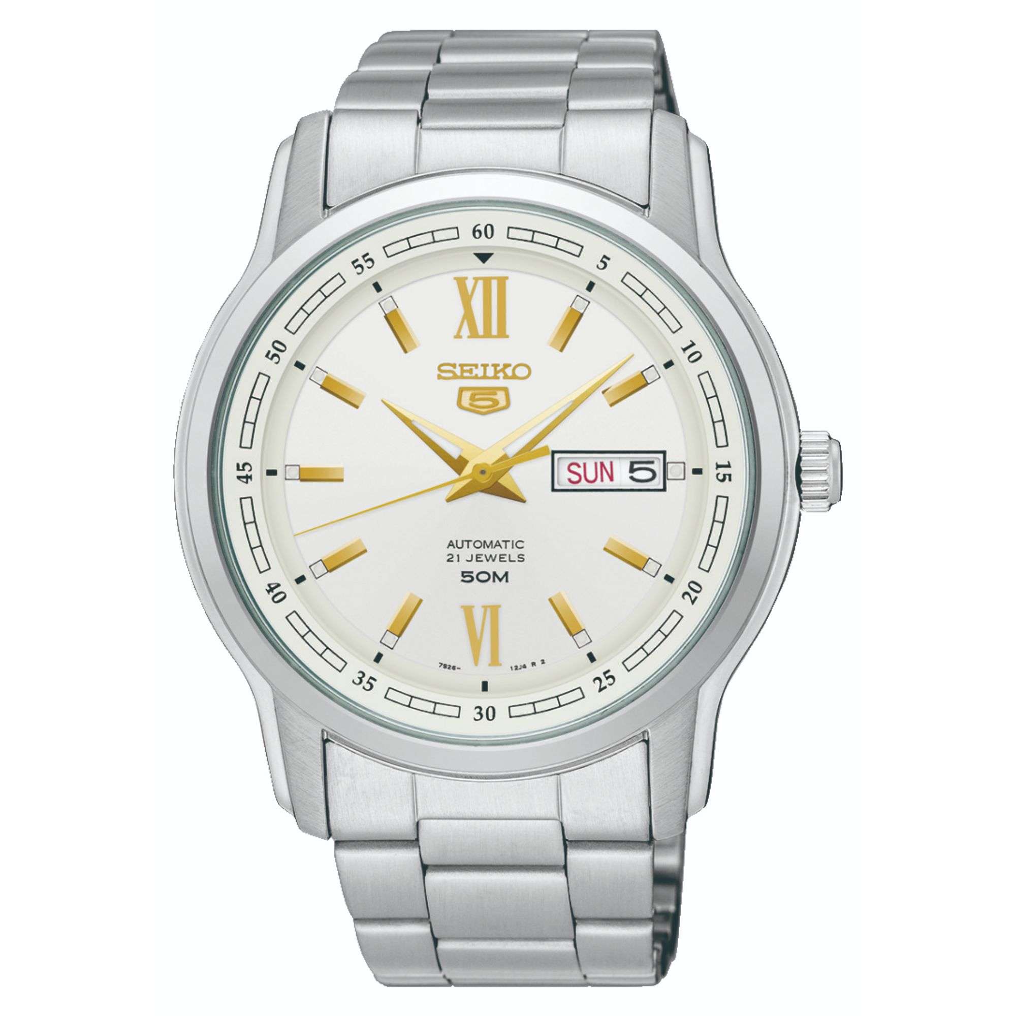 Seiko 5 automatic white dial Roman numeral stainless steel watch SNKP15K1