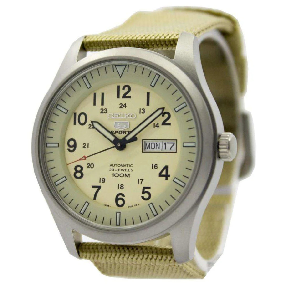 Seiko 5 Sports automatic watch with cream dial and olive canvas strap