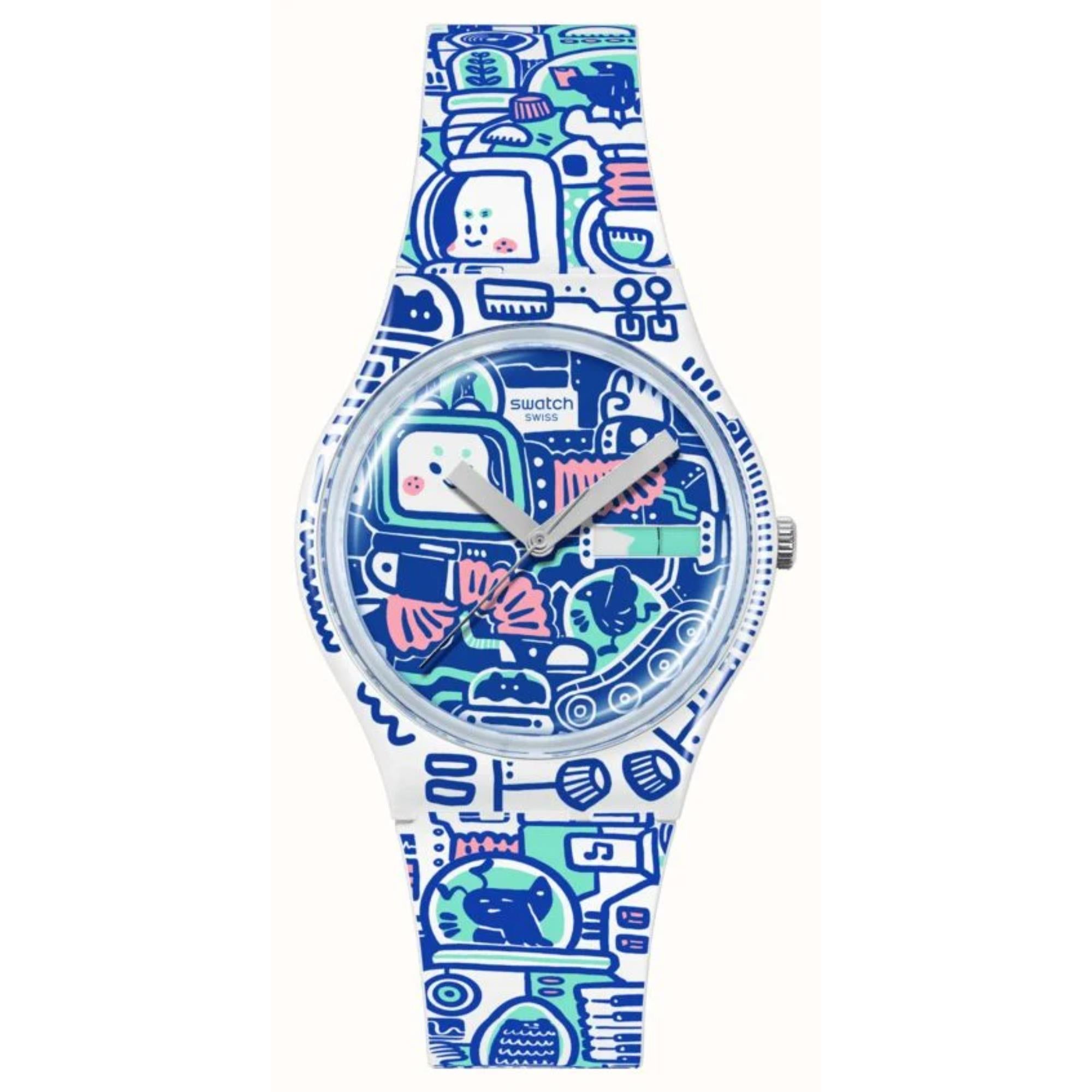 Swatch B-Bot Quartz Multi-coloured Dial Silicone Strap Unisex Watch SO28Z702