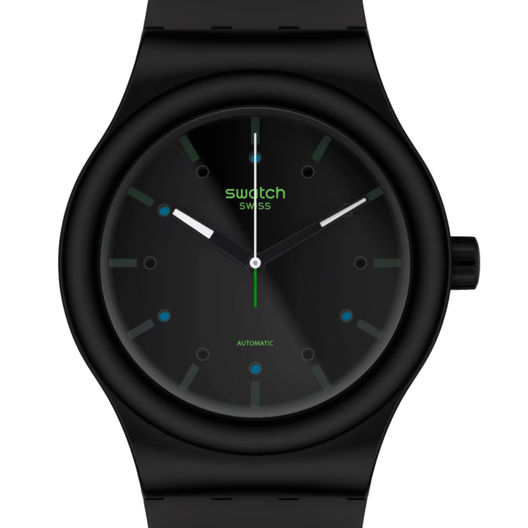 Swatch AM51 Automatik Schwarzes Zifferblatt Bio-basiertes Armband Uhr SO30B400