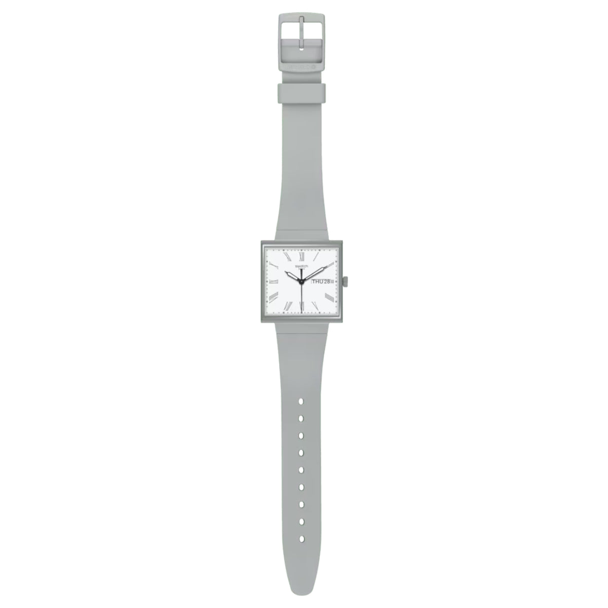 Swatch WAS WÄRE...GRAU? Quadratische Bioceramic Uhr mit weißem Zifferblatt und biobasiertem Armband SO34M700