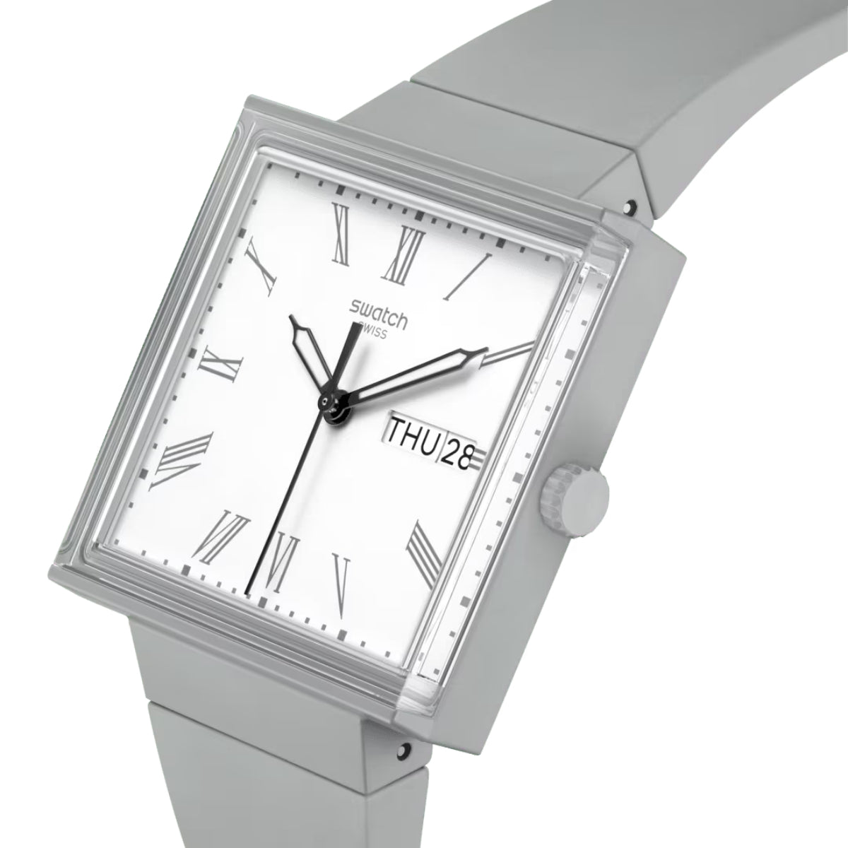 Swatch WAS WÄRE...GRAU? Quadratische Bioceramic Uhr mit weißem Zifferblatt und biobasiertem Armband SO34M700