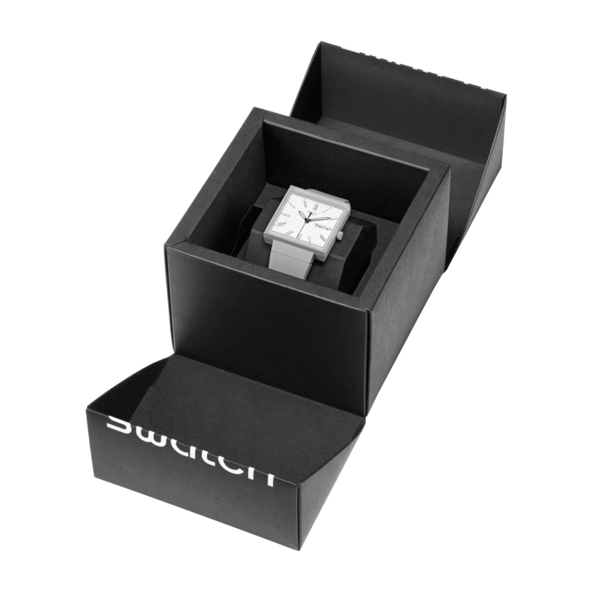 Swatch WAS WÄRE...GRAU? Quadratische Bioceramic Uhr mit weißem Zifferblatt und biobasiertem Armband SO34M700