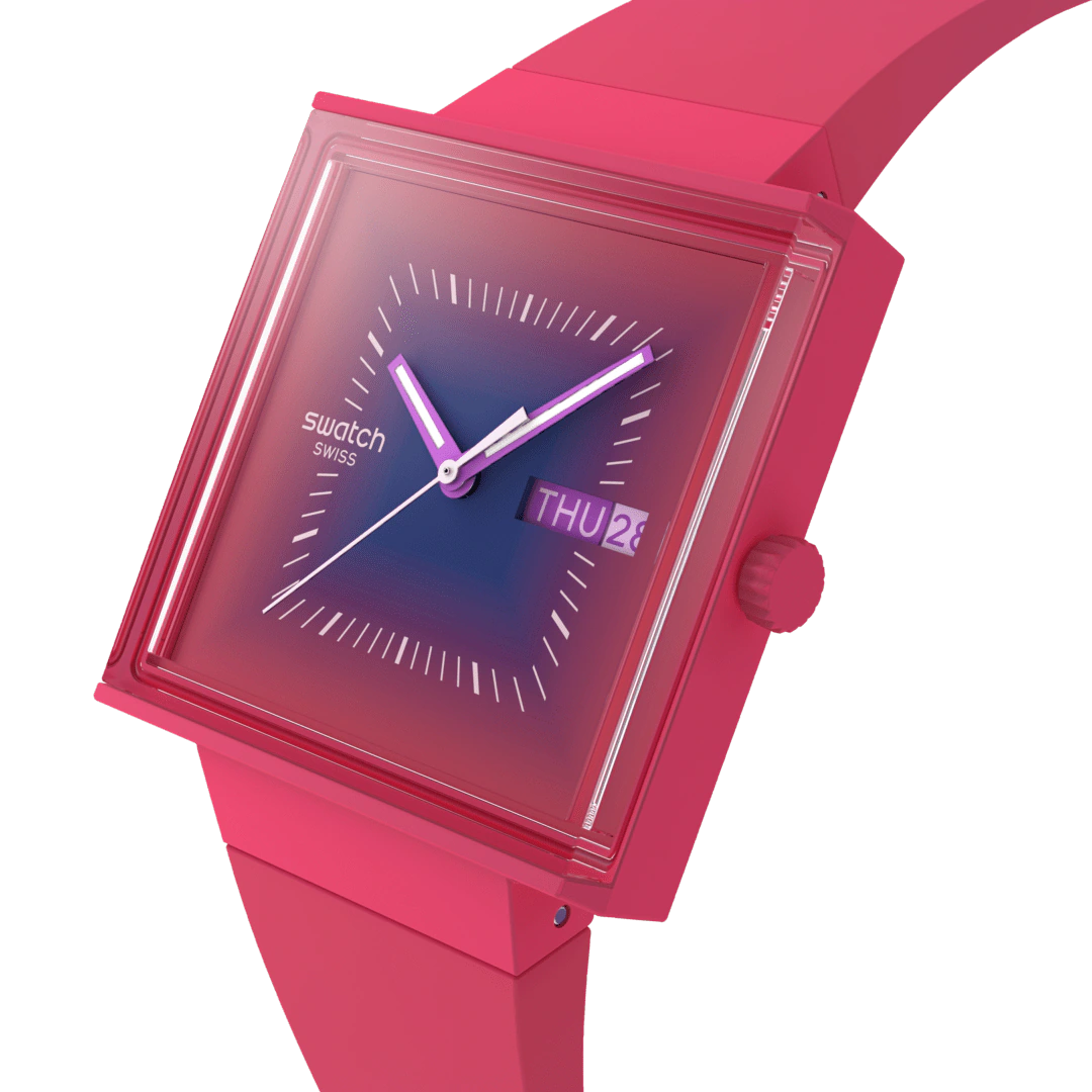 Swatch Squarely Berry Pink Dial Silicone Strap Watch SO34R700