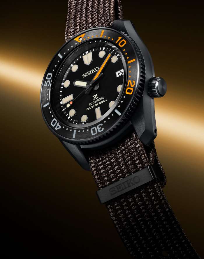 Seiko Prospex Schwarze Serie Heritage Kollektion 1968 Nachbildung Automatik Schwarzes Zifferblatt Braunes Textilarmband Herren Uhr SPB255J1