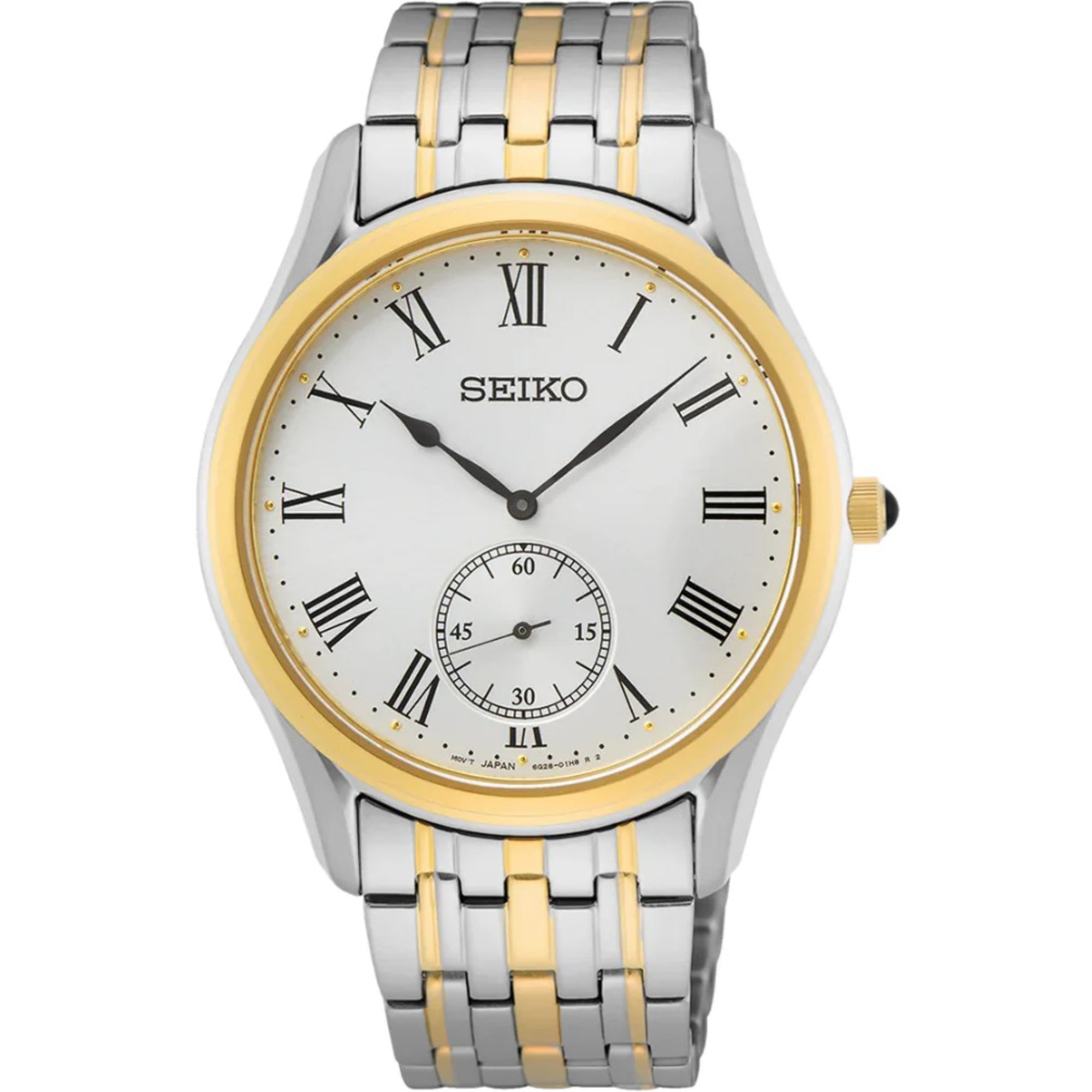 Seiko Essentials white dial two-tone slim dress watch SRK048P1 front view