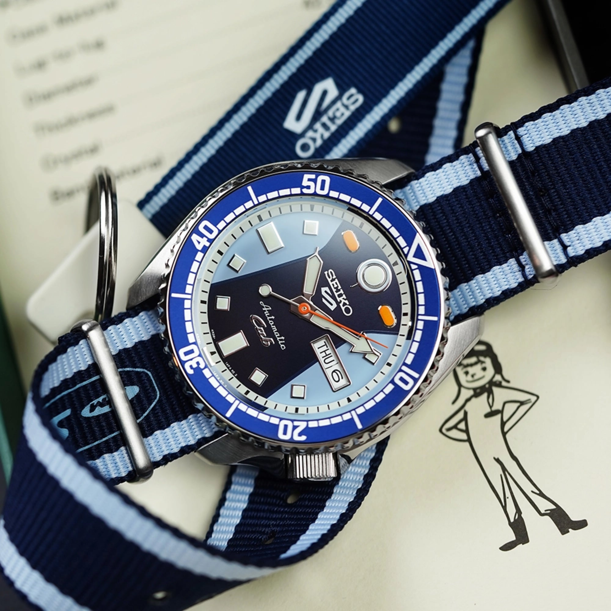 Seiko 5 Sports x Honda Super Cub III Automatic Blue Dial NATO Strap Men's Watch SRPK37K1