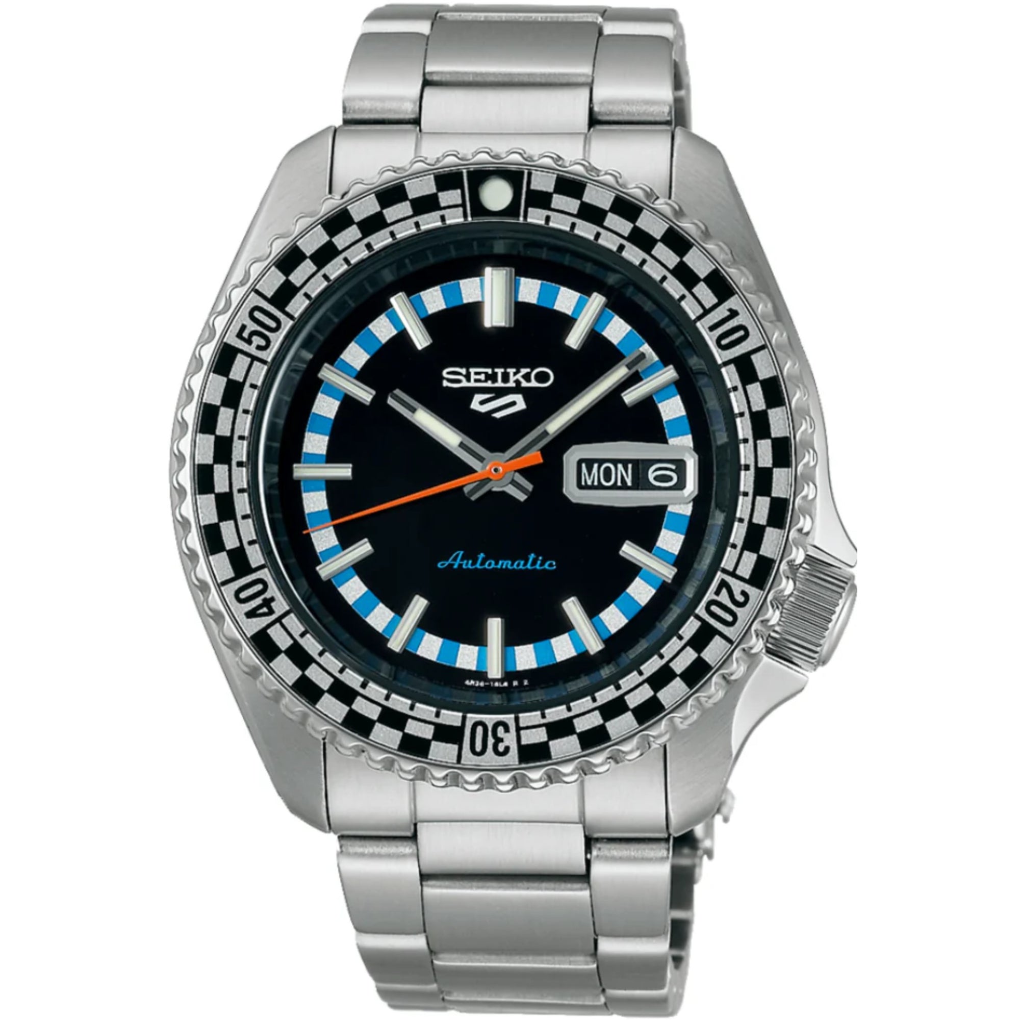 Seiko 5 Sports Checker Flag Automatic Black Dial Steel Strap Men's Watch SRPK67K1