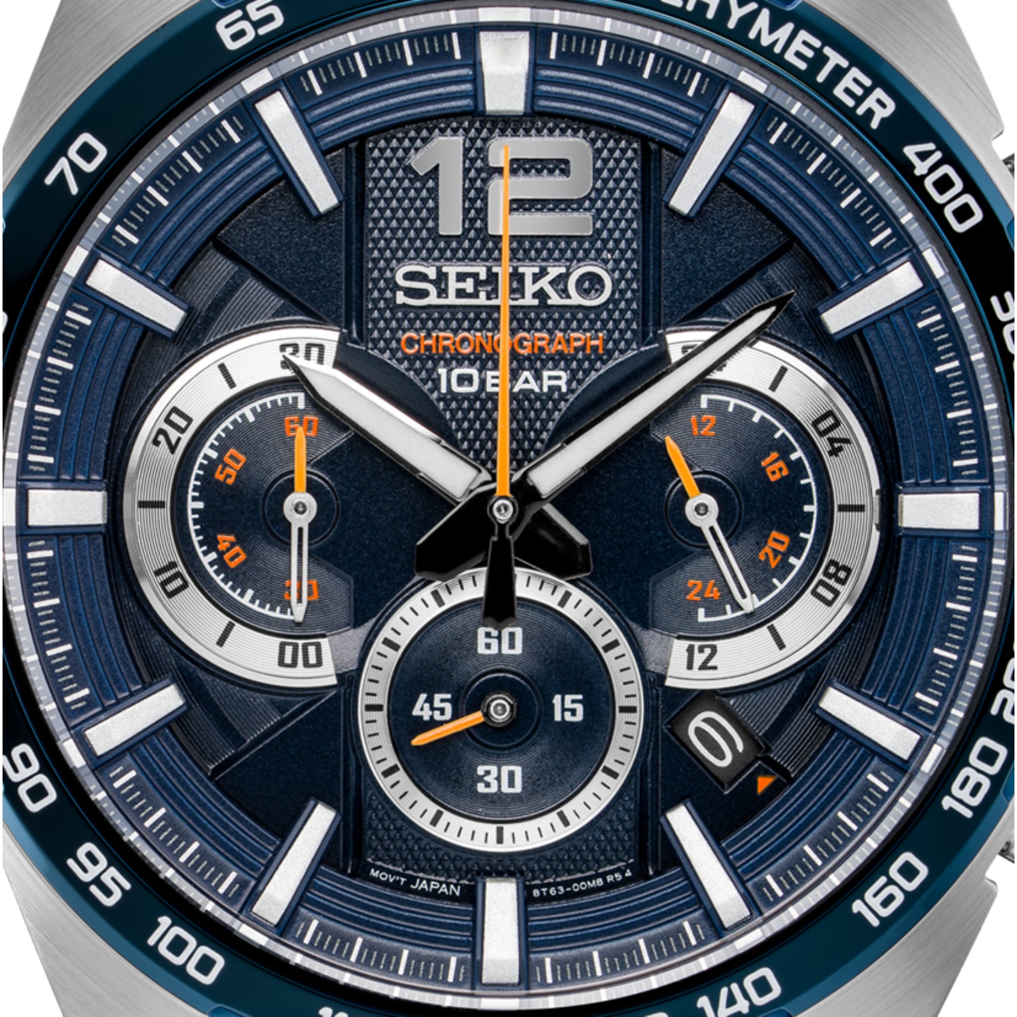 Seiko Essentials SSB345P1 44mm blue dial chronograph stainless steel watch close-up