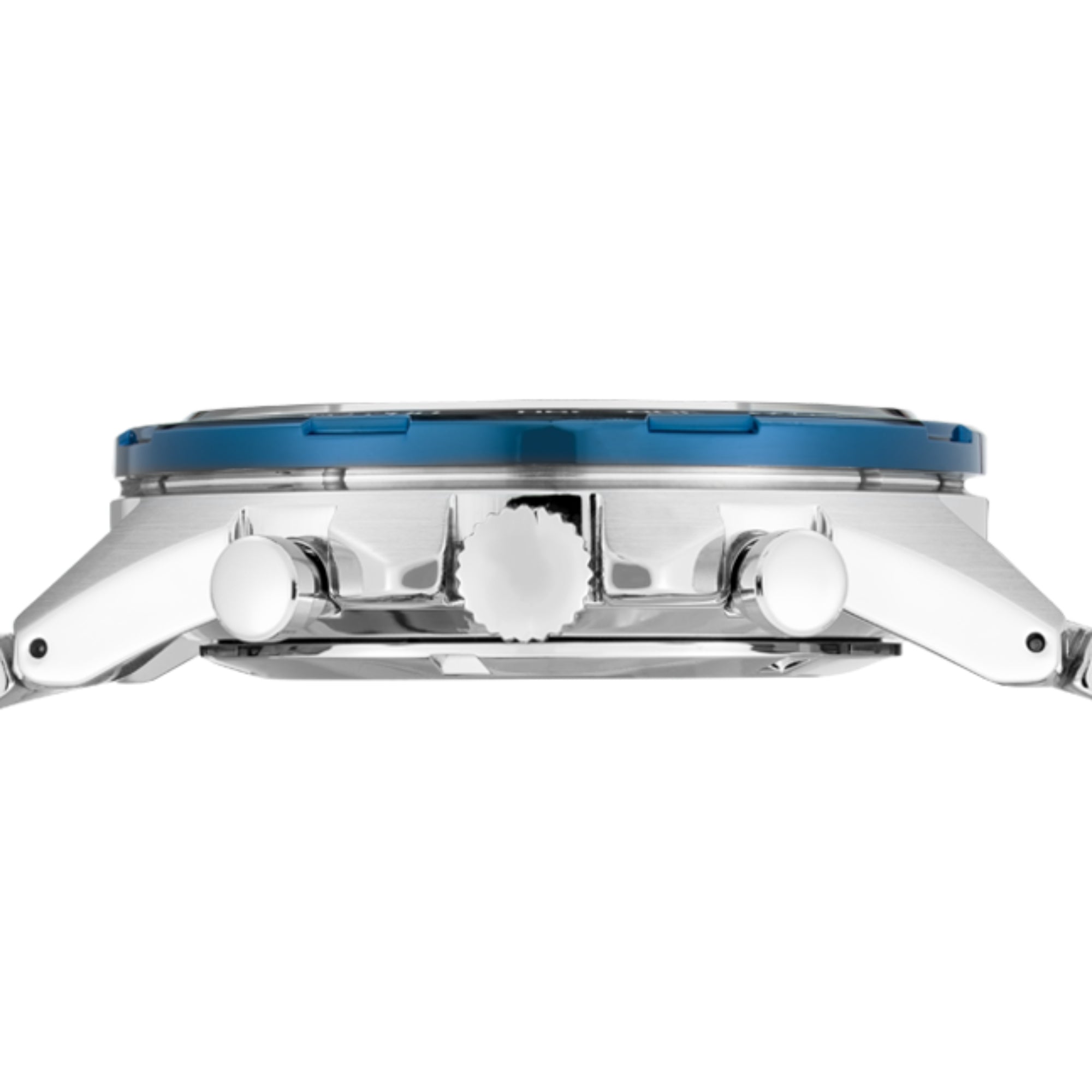 Side view of Seiko SSB345P1 chronograph watch showing case thickness on white background