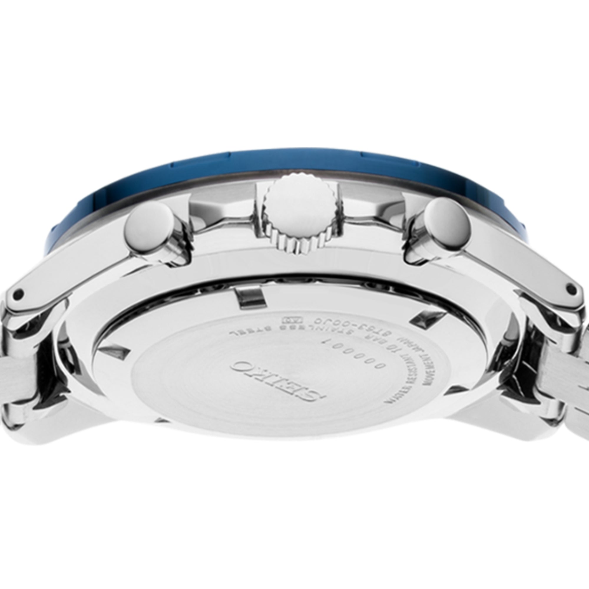 Seiko SSB345P1 caseback with engraved specifications and stainless steel construction