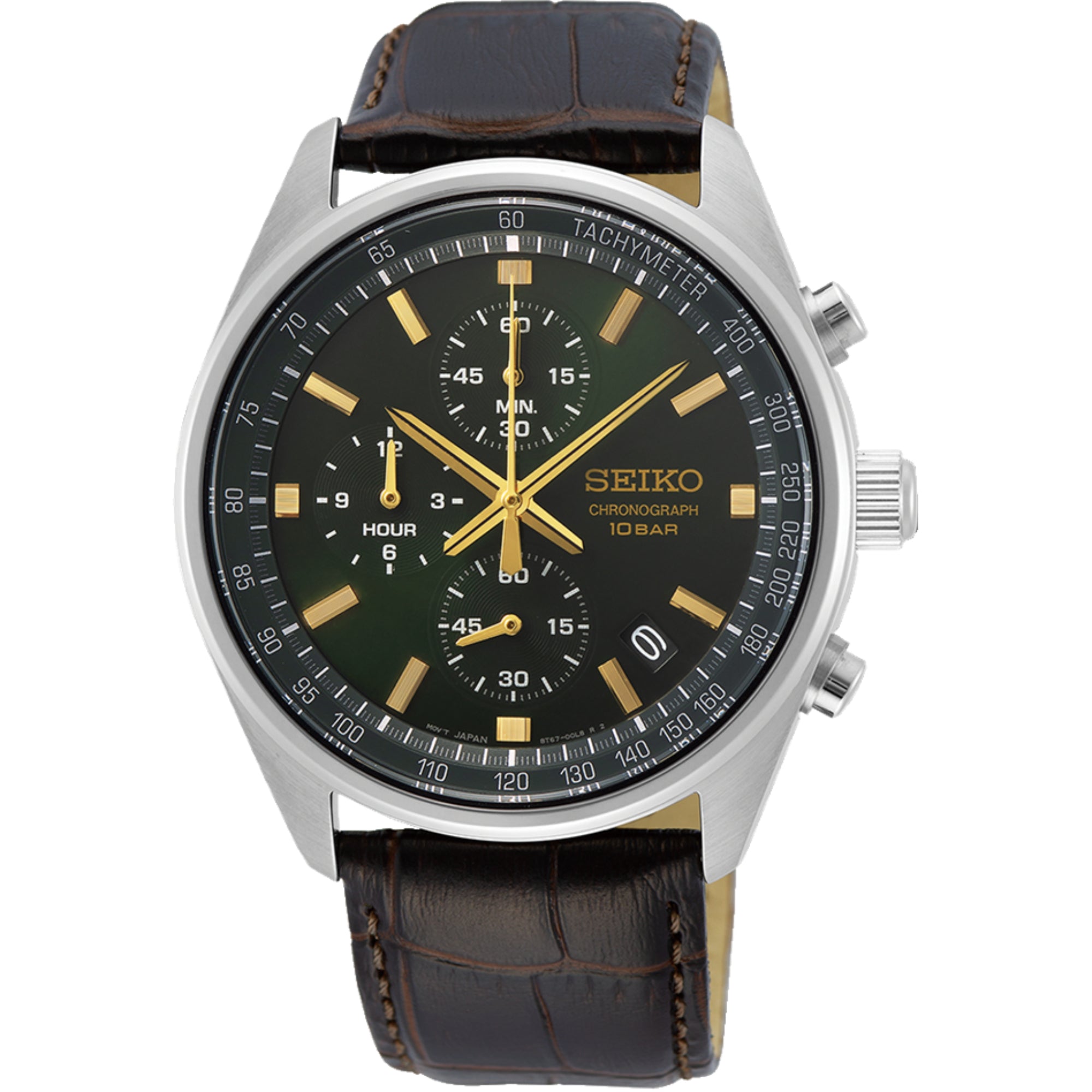 Seiko Essentials SSB385P1 Chronograph with green dial, stainless steel case and brown leather strap