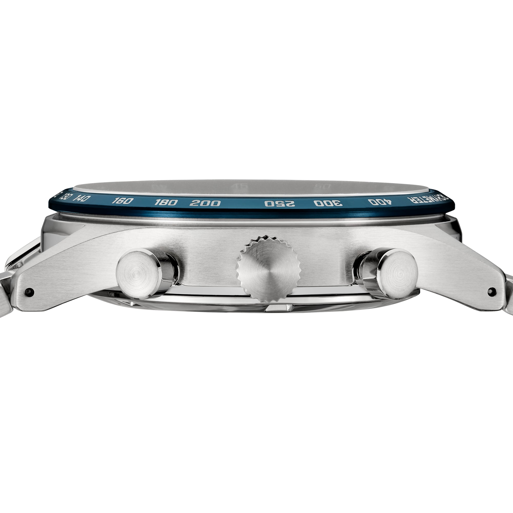 Side view of Seiko SSB445P1 chronograph watch showing case thickness and its push button