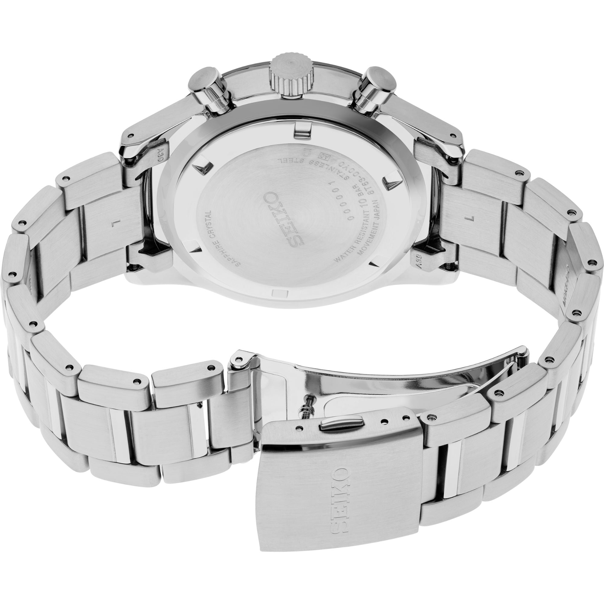Close-up of Seiko SSB445P1 stainless steel bracelet and deployment buckle