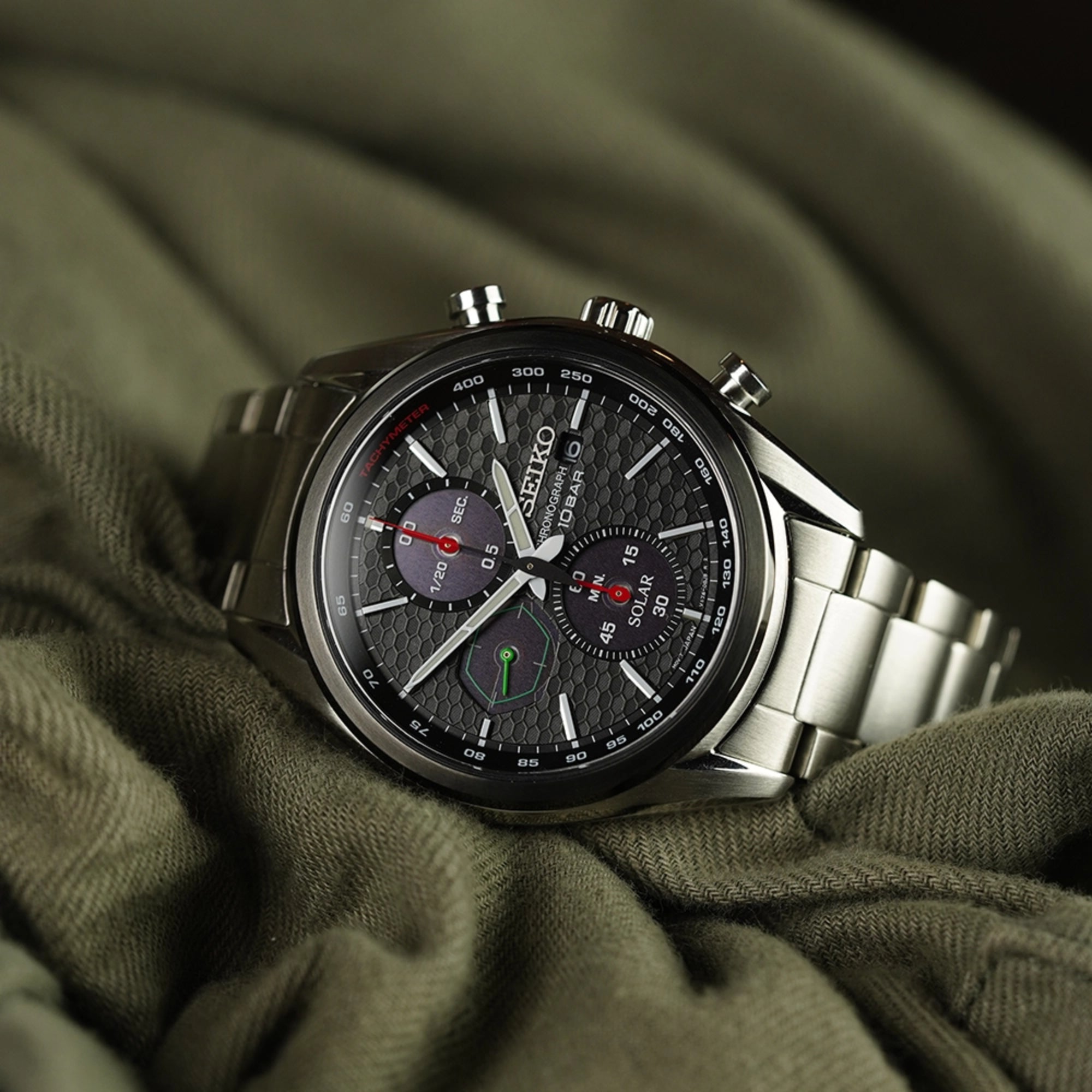 Seiko Conceptual 41,4 mm Solar Chronograph Schwarzes Zifferblatt Stahl Herren Quarz Uhr SSC803P1
