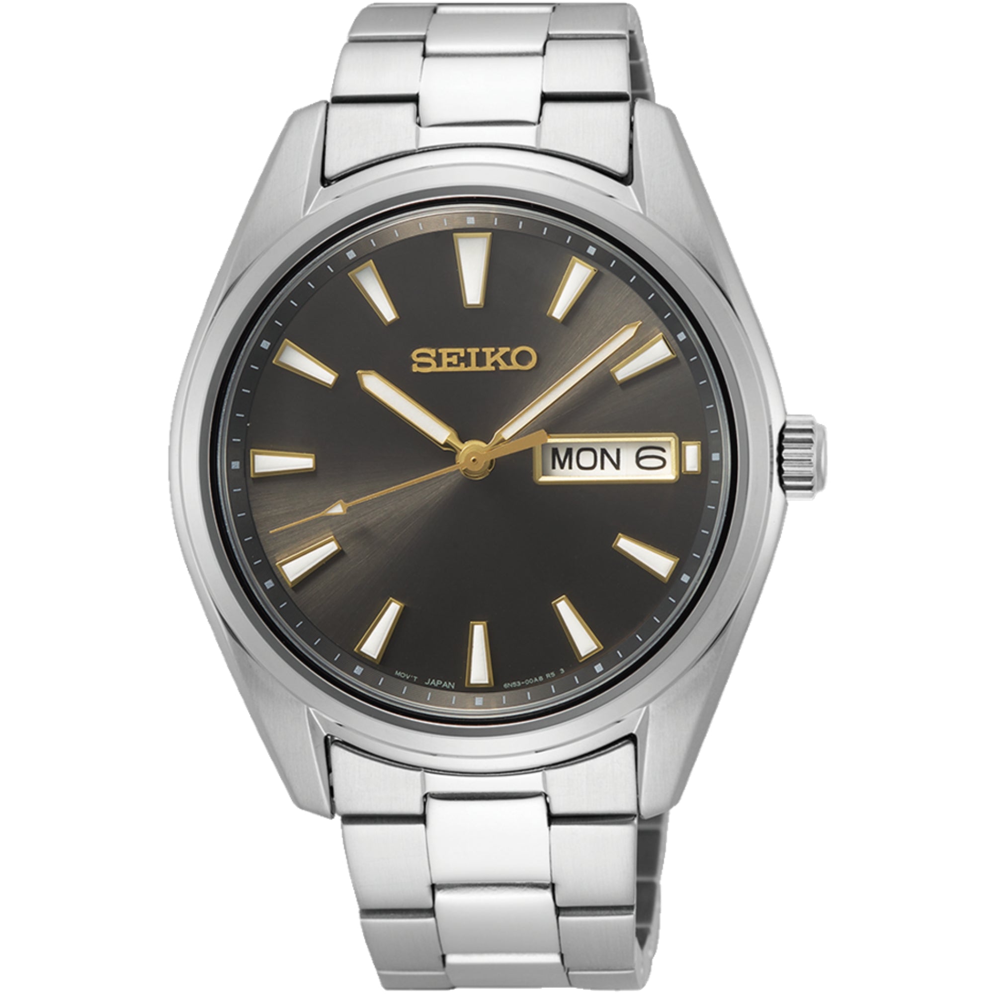 Seiko Essentials Quartz grey sunburst dial steel bracelet men’s watch SUR343P1 front view