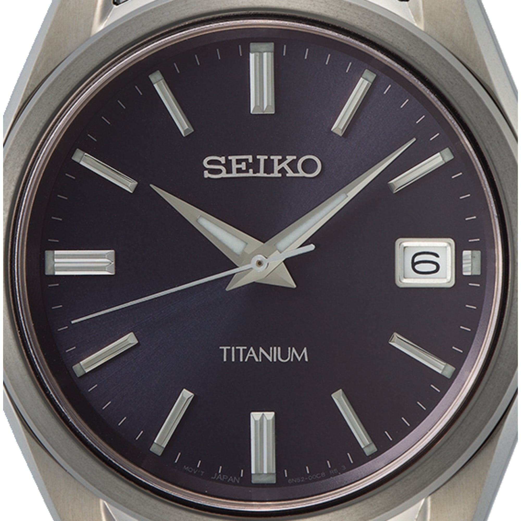 Seiko Essentials Quartz blue sunburst dial and titanium bracelet men’s watch SUR373P1 close-up