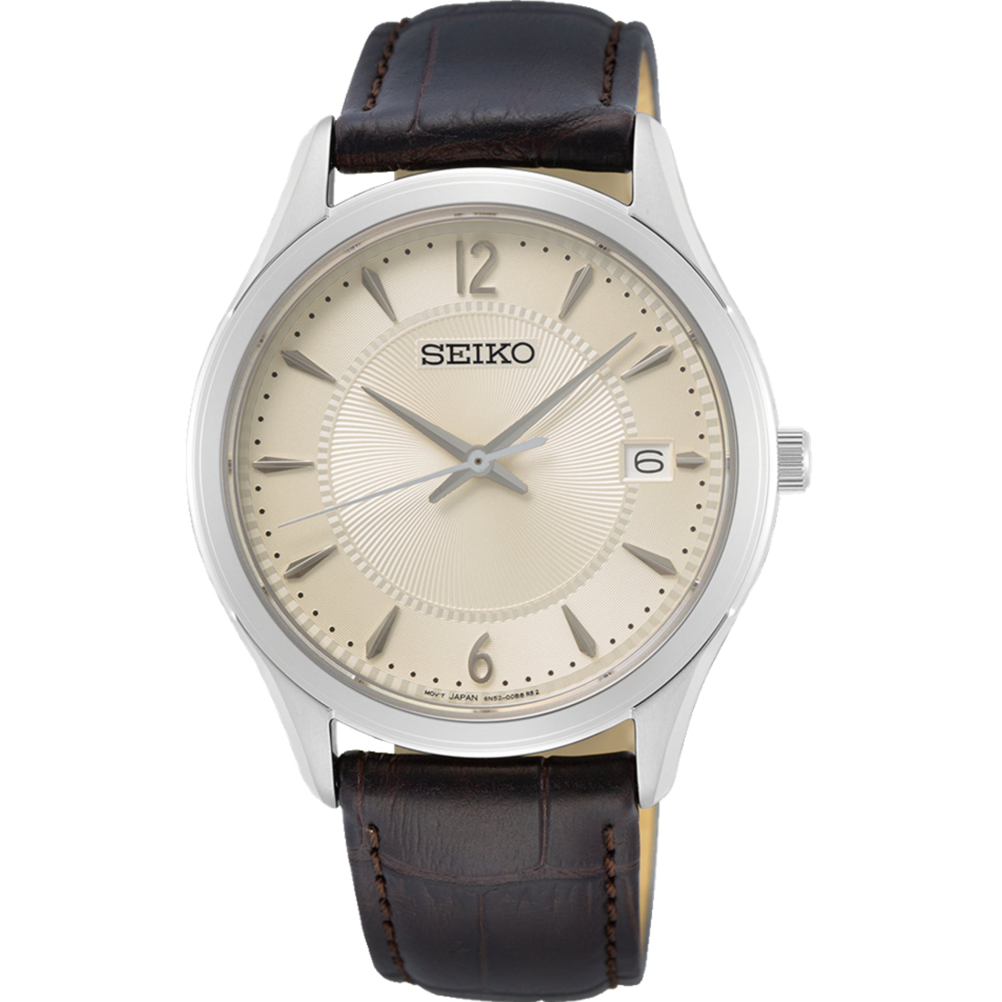 Seiko Essentials 39mm Ivory Dial Leather Mens Quartz Watch SUR421P1