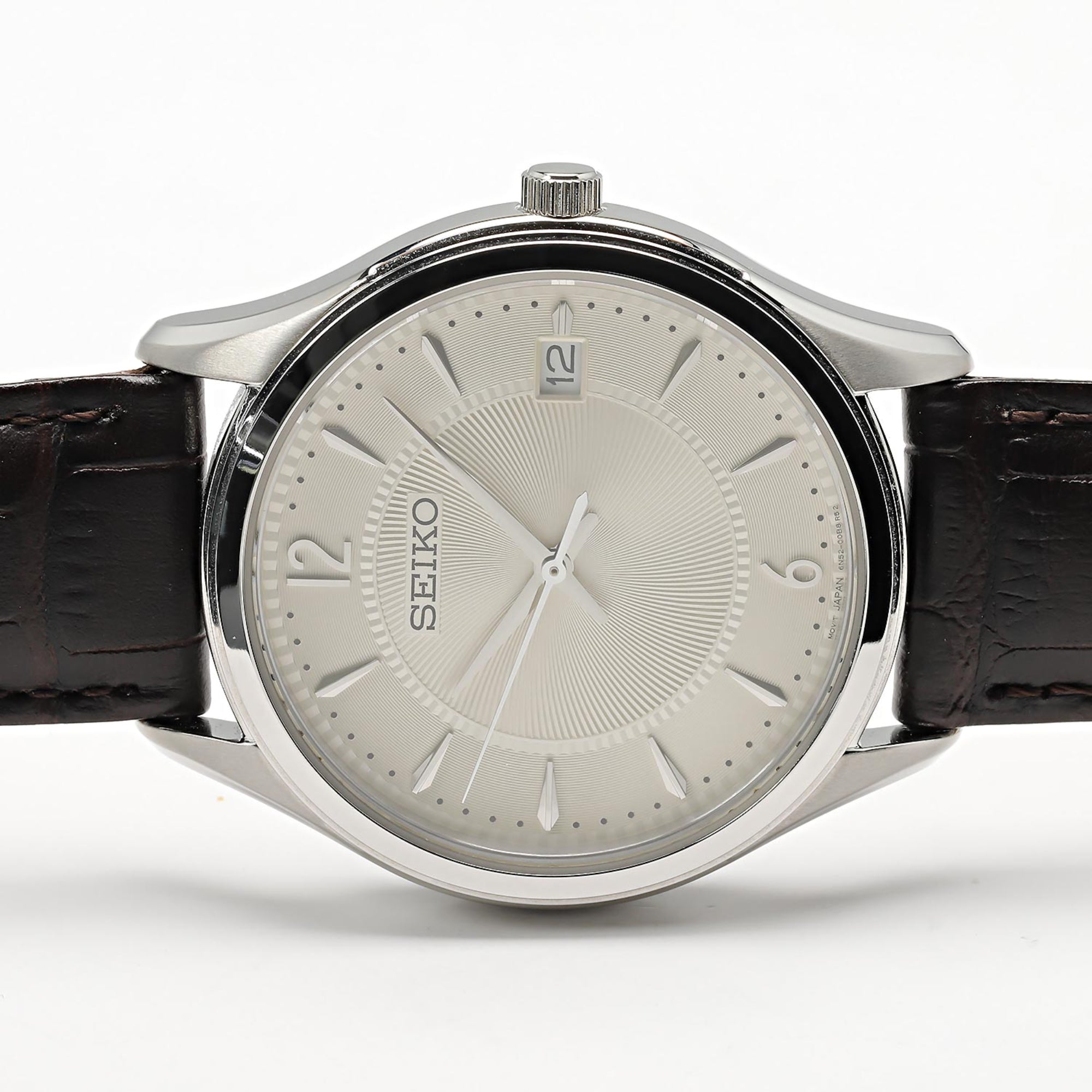 Seiko Essentials 39mm Ivory Dial Leather Mens Quartz Watch SUR421P1