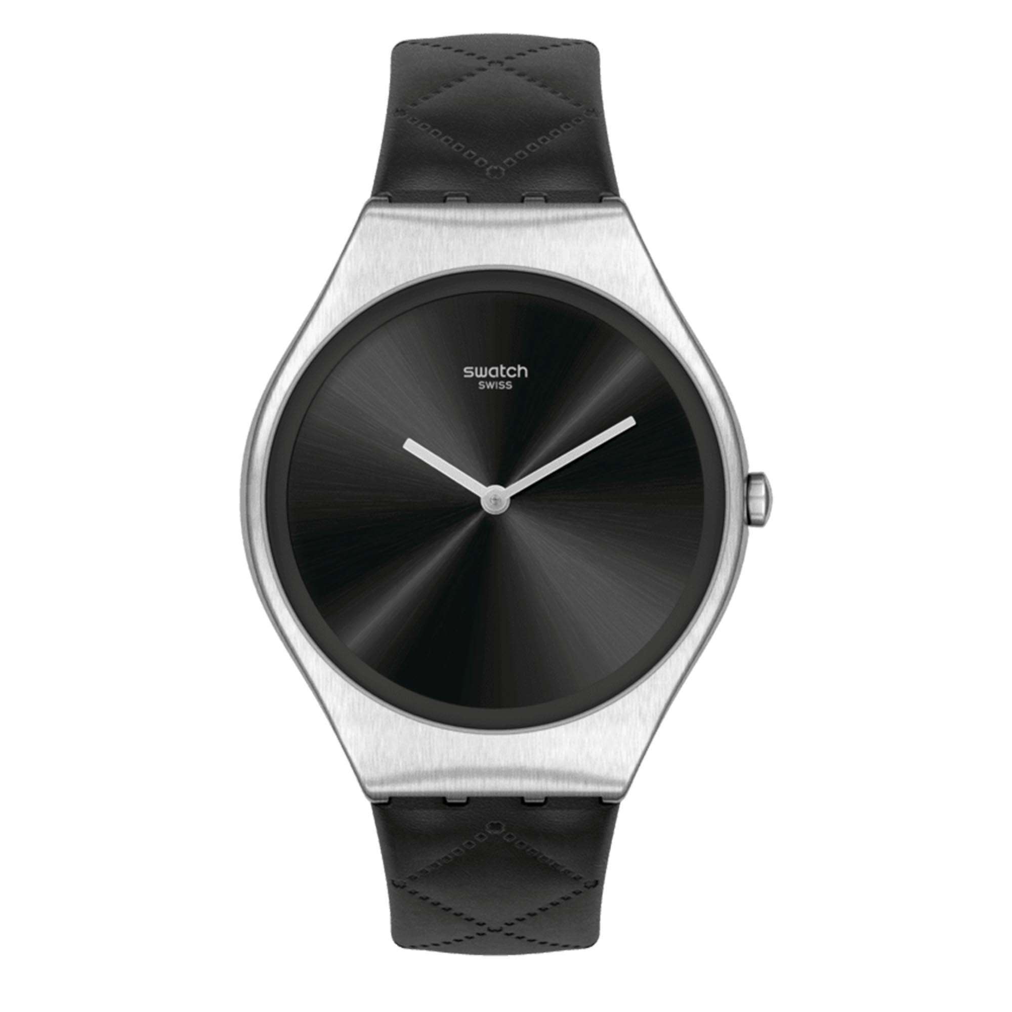Swatch Black Quilted Quartz Black Dial Leather Strap Ladies Watch SYXS136
