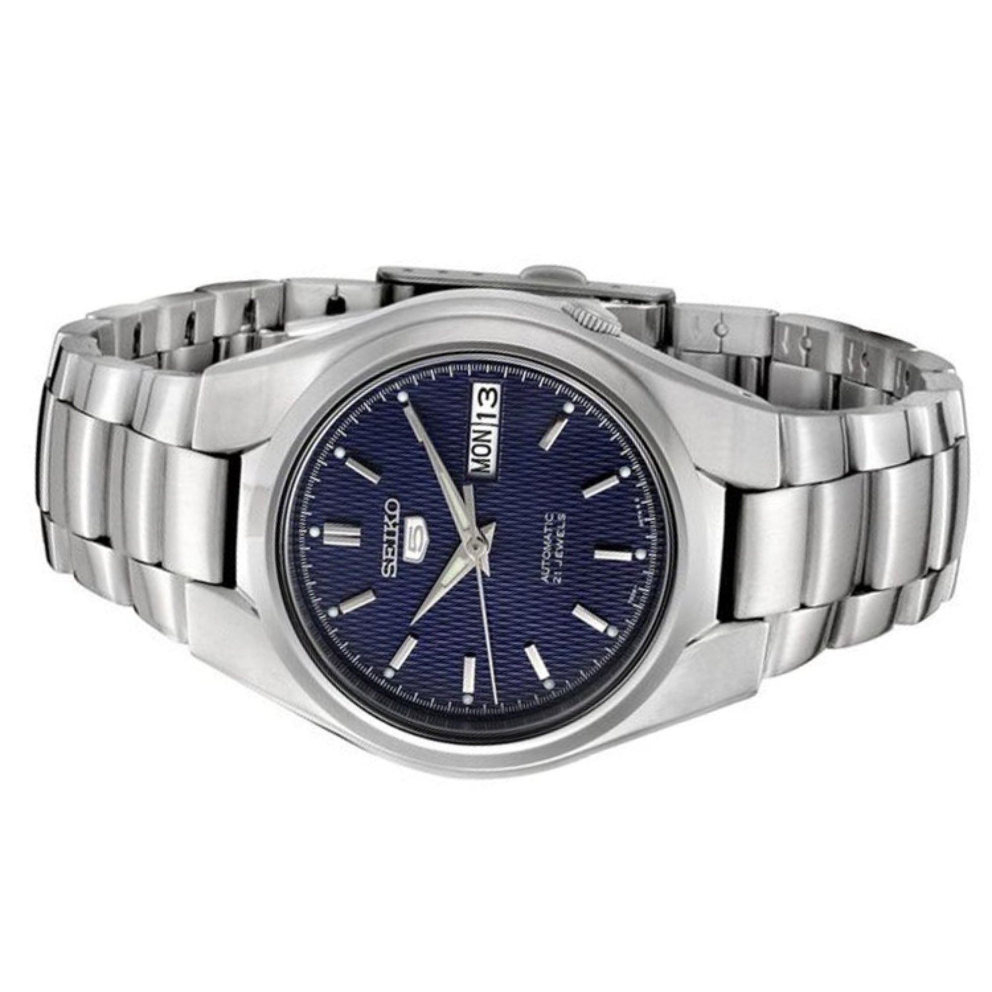 Seiko 5 37mm automatic blue dial stainless steel bracelet watch