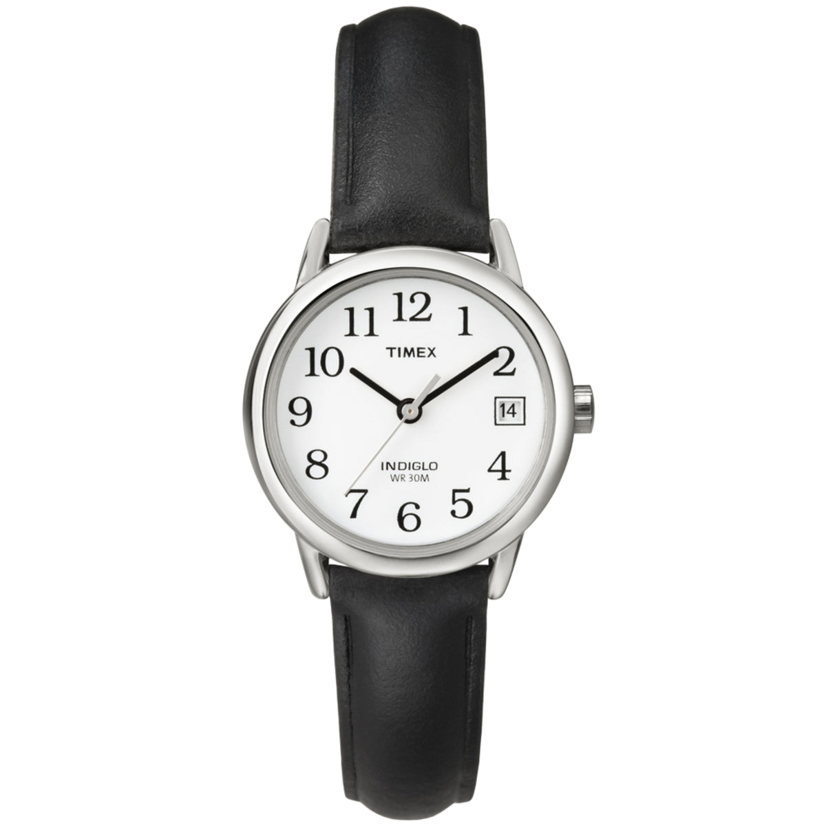 Timex Easy Reader T2H331 front view displaying white dial with full Arabic numerals, date window, silver-tone case, and leather strap