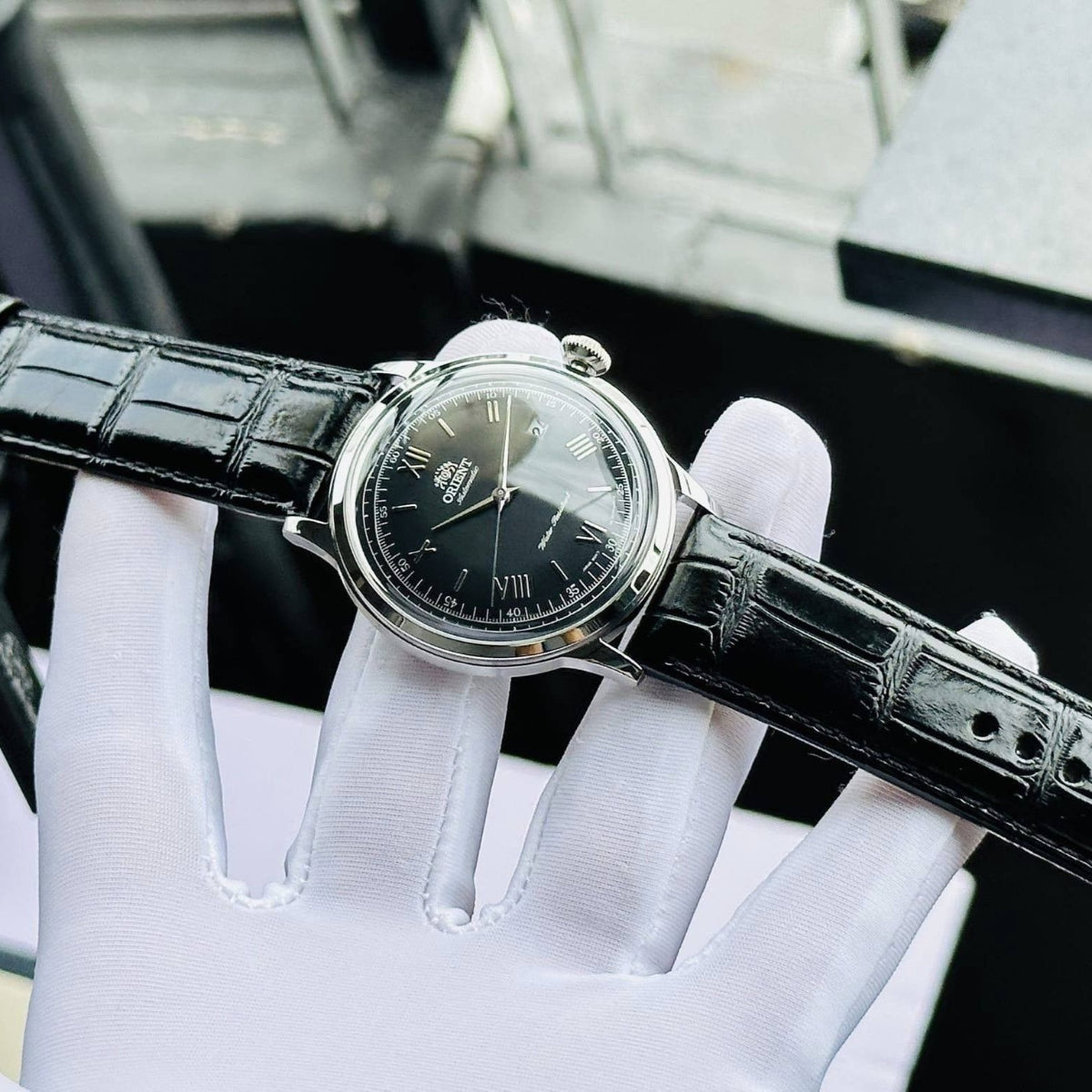 ORIENT Bambino 40,5 mm Klassische Version 2 Schwarzes Zifferblatt Leder Herren Automatikarmbanduhr TAC0000AB0