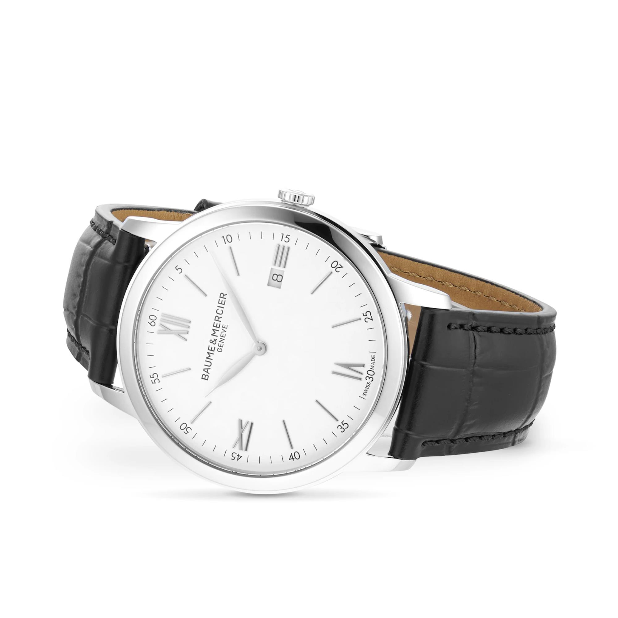 Baume & Mercier Classima Quarz Weiß Zifferblatt Schwarzes Lederarmband Herren Uhr BM0A10323