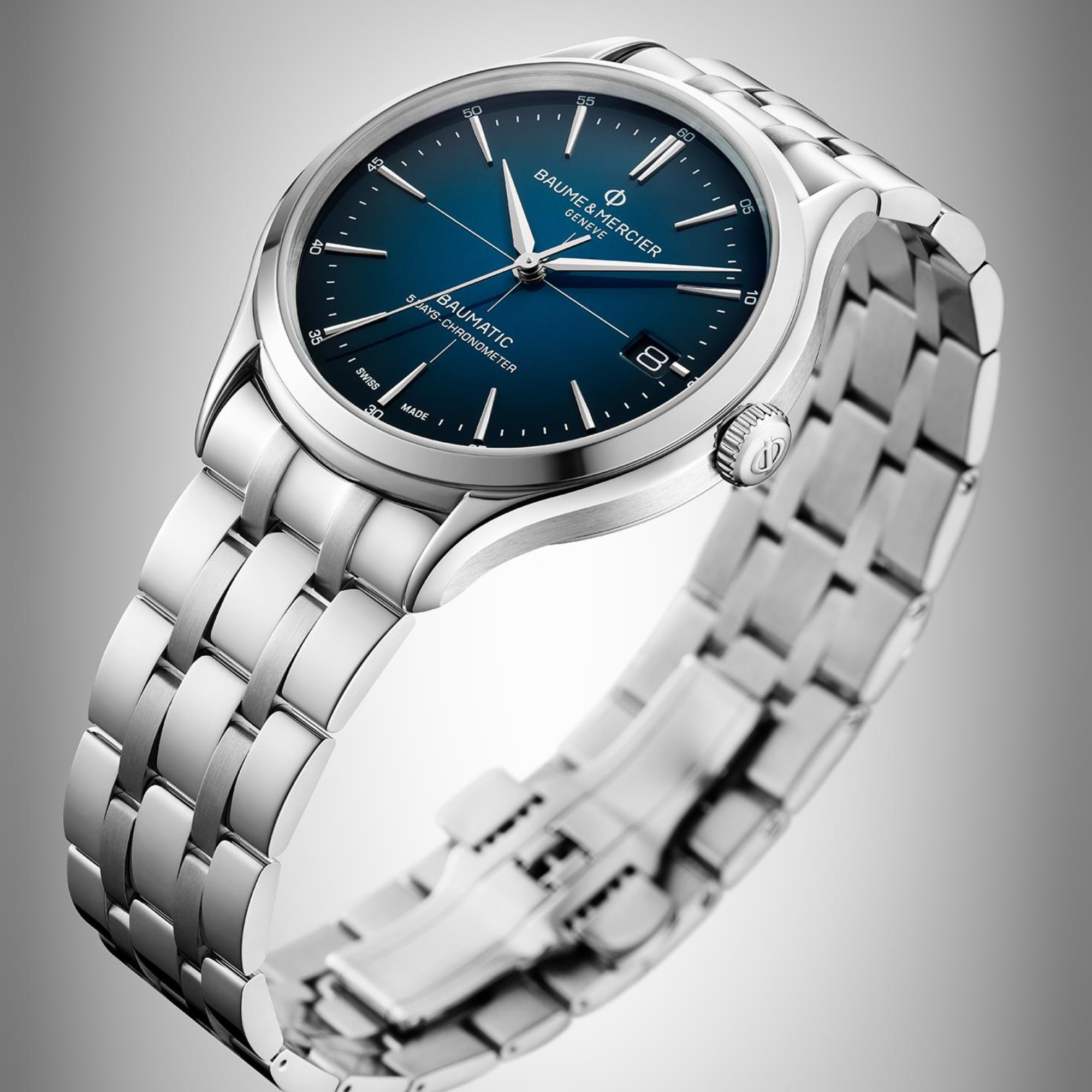 Baume & Mercier Clifton Baumatic Automatik Blaues Zifferblatt Edelstahlarmband Herren Uhr BM0A10468