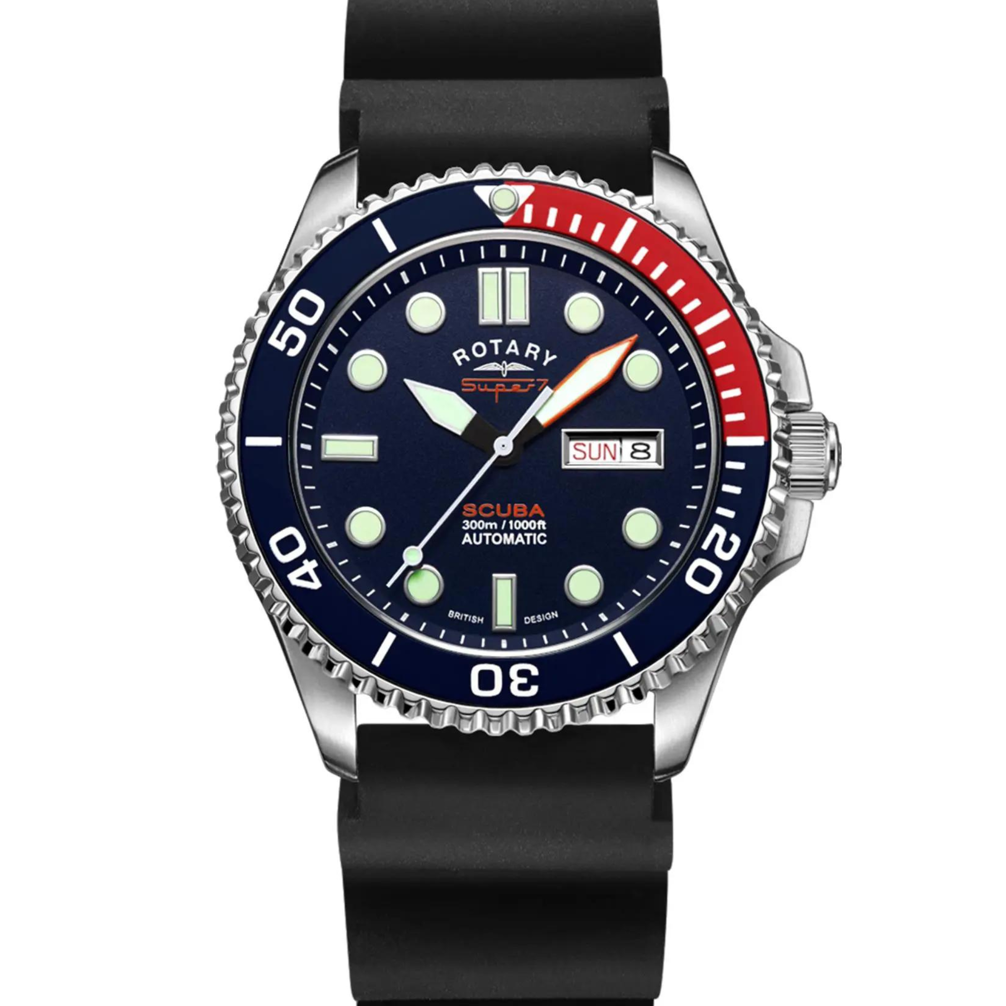 Rotary Super 7 SCUBA Pepsi Automatik Marineblaues Zifferblatt Silikonarmband Herren Taucheruhr S7S004S