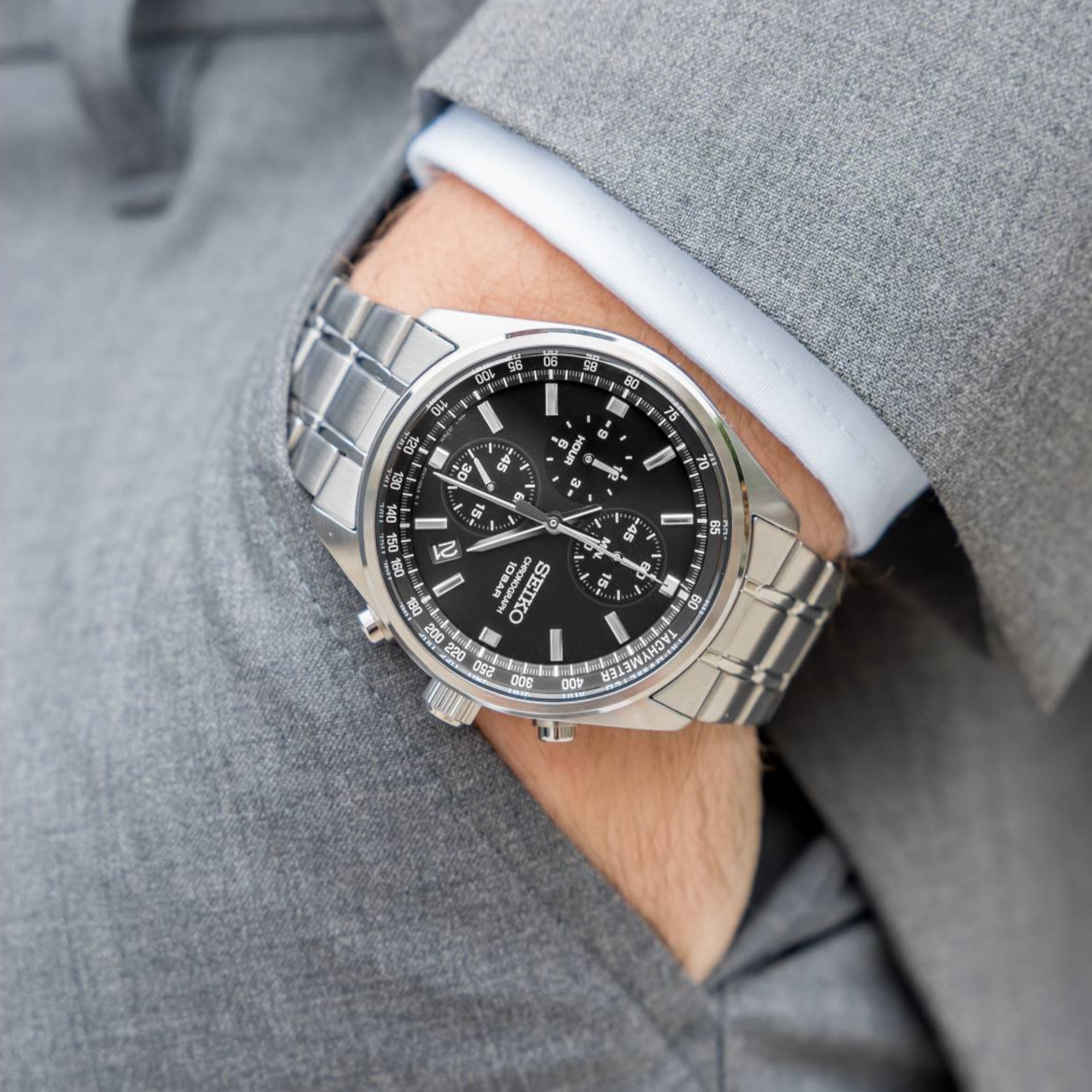 Seiko Essentials SSB379P watch with black face on wrist