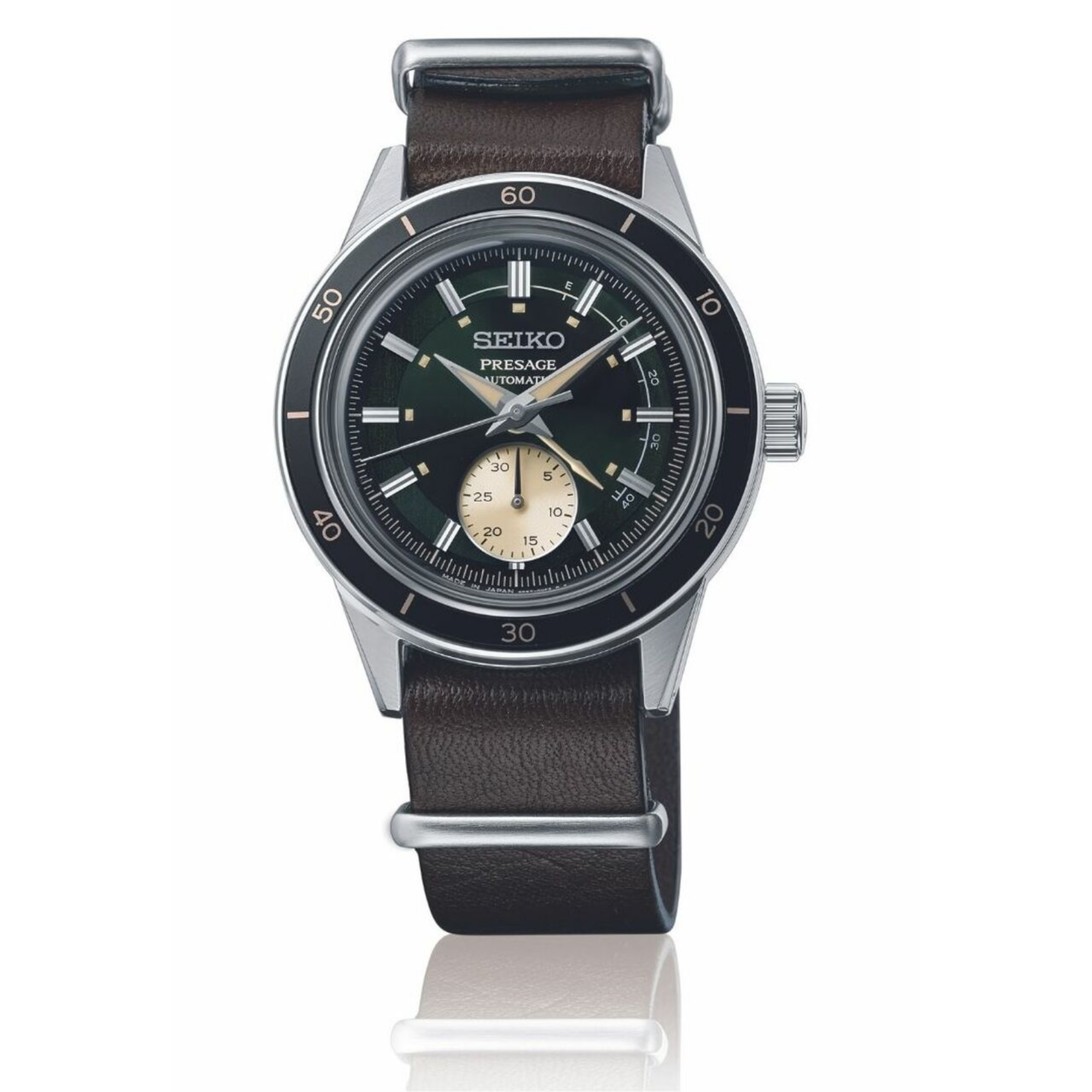 Seiko Presage Style 60s Automatik Grünes Zifferblatt Braunes Lederarmband Herren Uhr SSA451J1