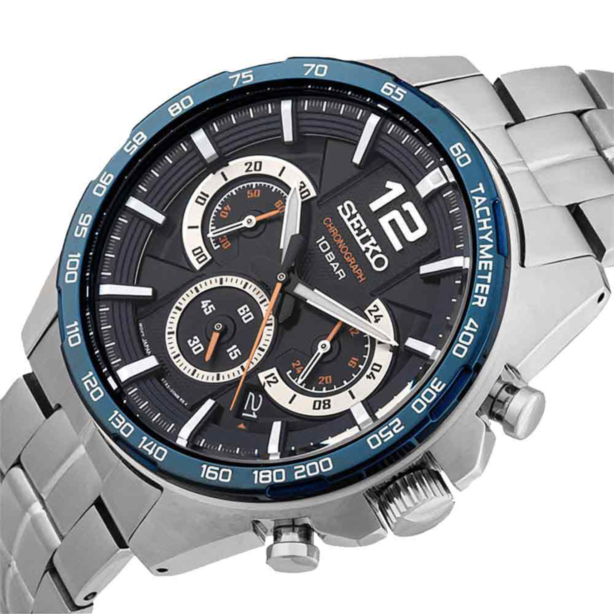 Side profile of Seiko SSB345P1 showing crown and blue bezel
