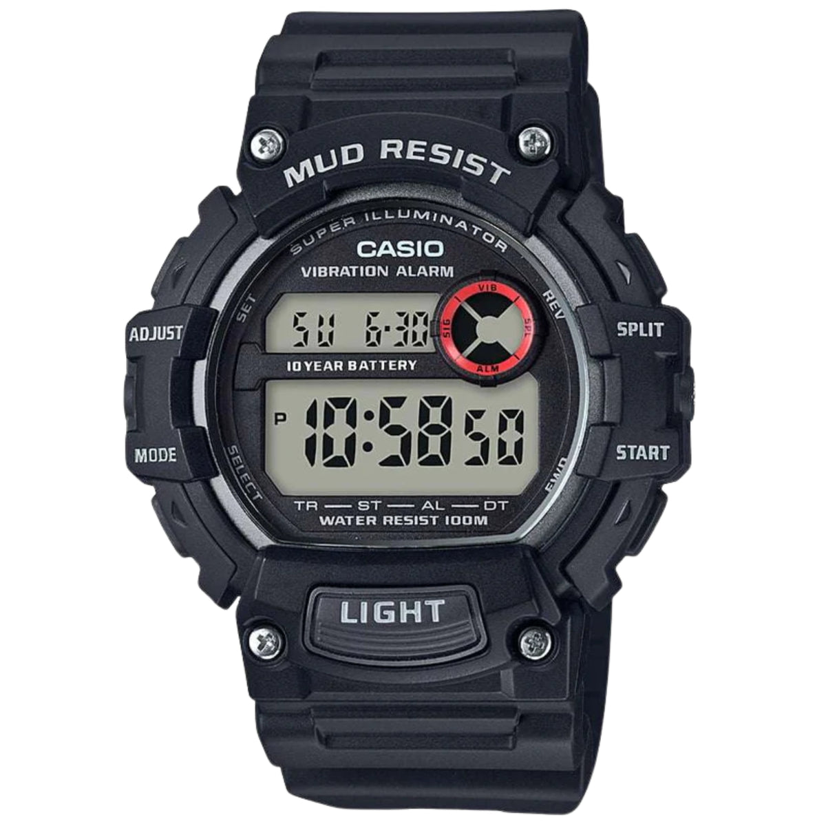 Men's Casio mud resist digital watch with black resin strap, LCD display, water resist 100m
