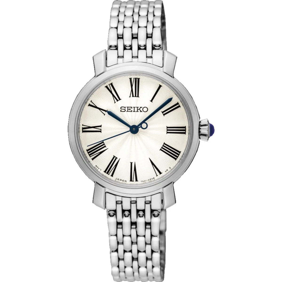 Seiko ladies quartz watch with silver dial, Roman numerals, stainless steel bracelet