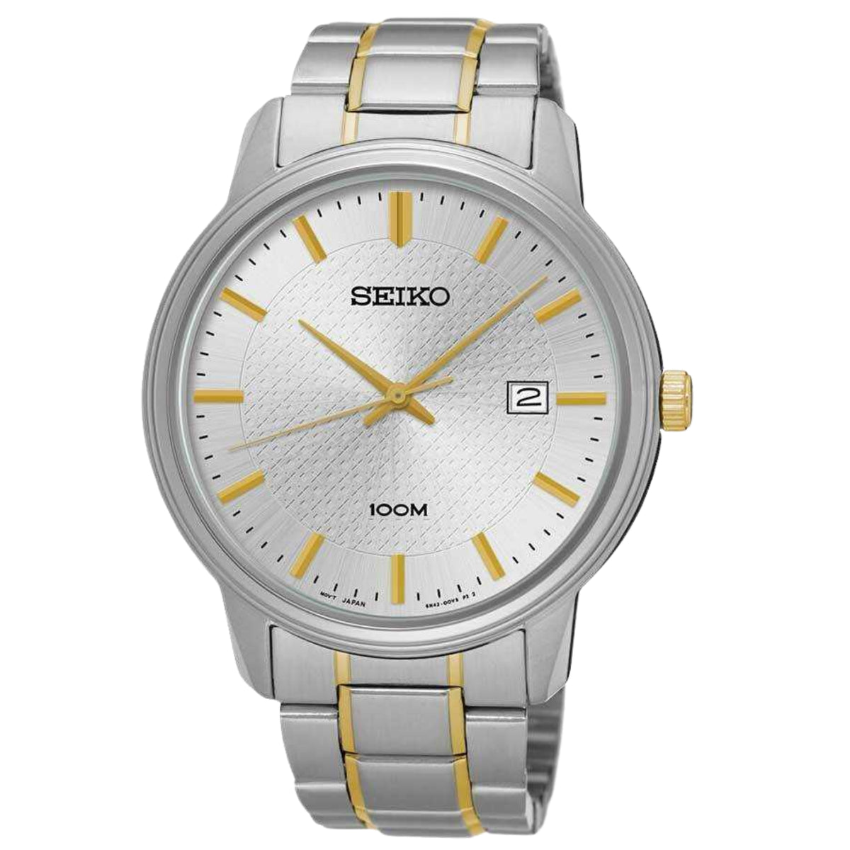 Two-tone stainless steel men's wristwatch with silver dial and gold accents
